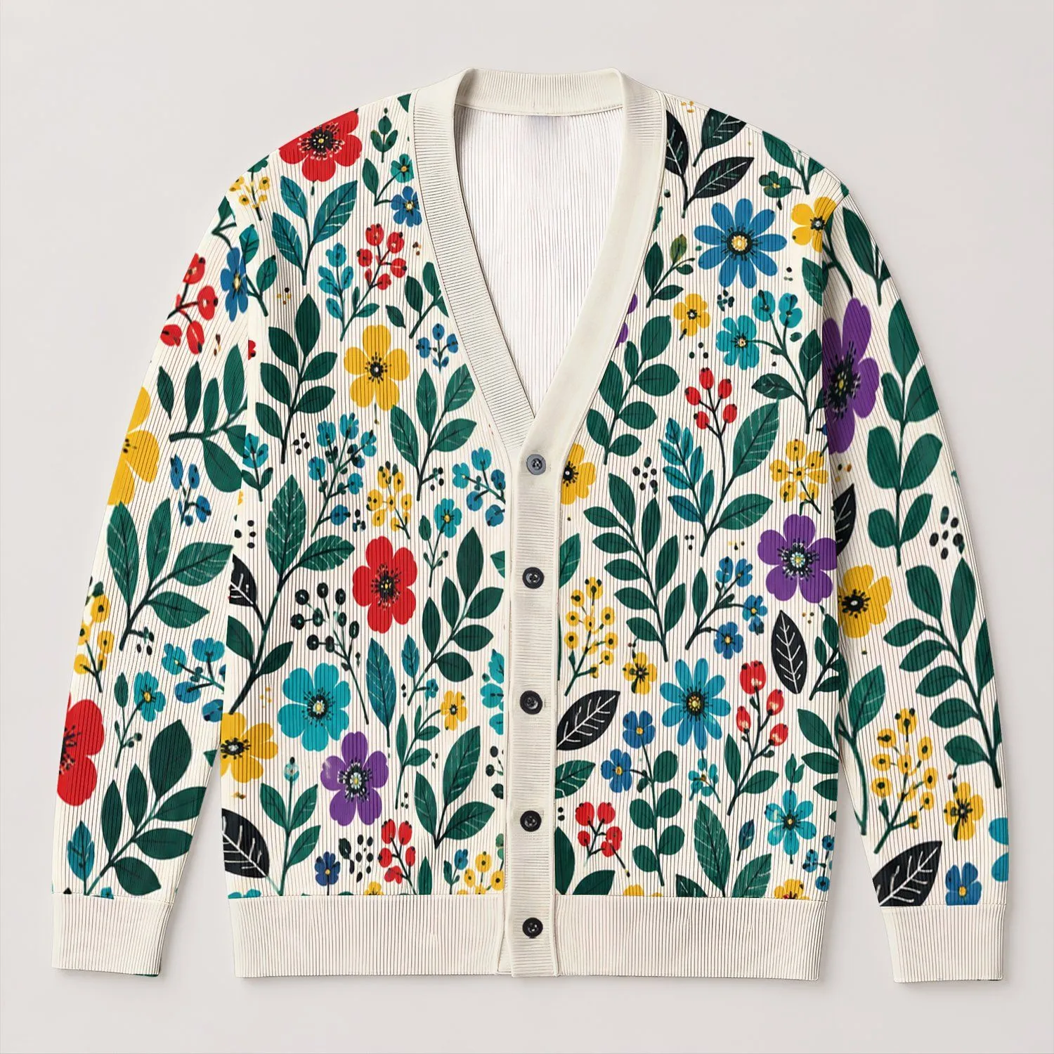 Bright Colorful Floral Leaf Motif for Spring Layering and Everyday Style for Women All-over Print Knitted Cardigan - 1