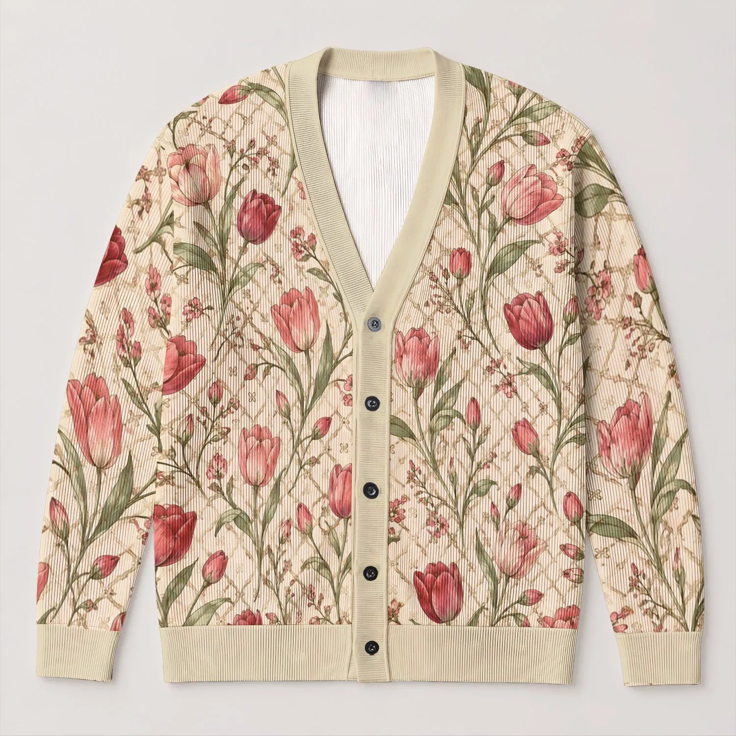 Tulip Floral Botanical Blooms for Beach Vacations and Spring Layering for Women Style All-over Print Knitted Cardigan - 1