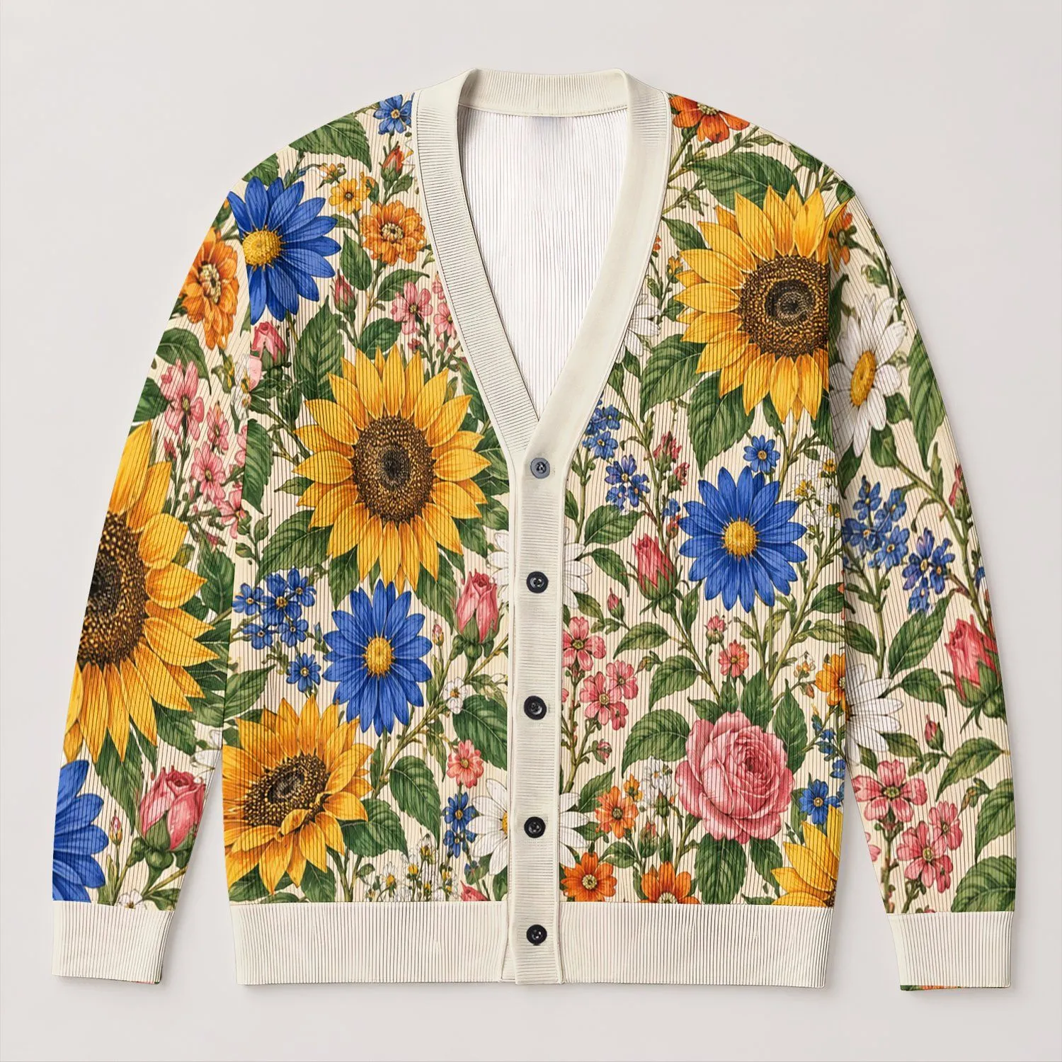 Sunflower Daisy Rose Garden for Casual Dates and Everyday Bohemian Style for Women All-over Print Knitted Cardigan - 1