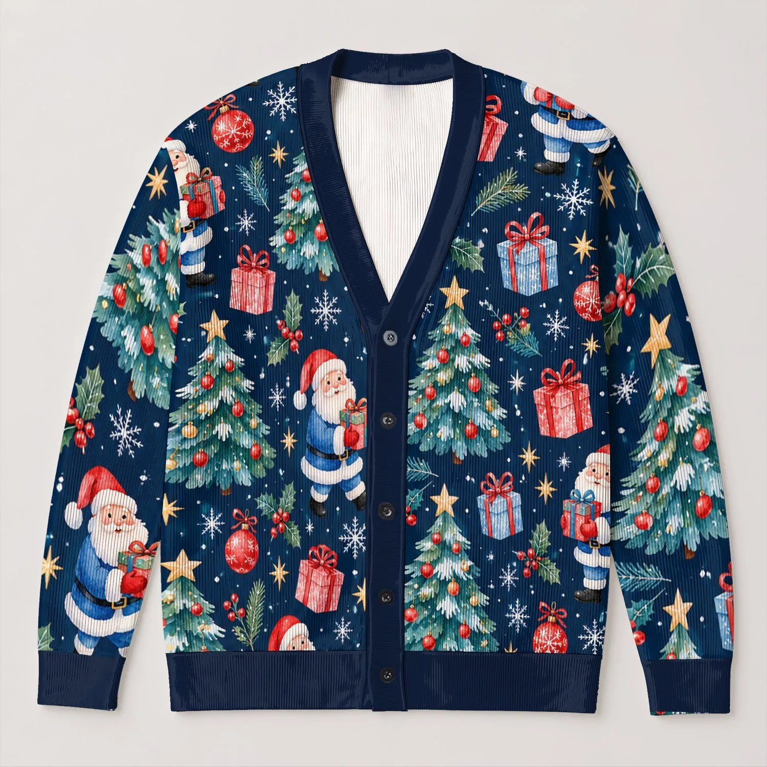 Santa Claus Christmas Trees and Gifts for Festive Holiday Layering for Women at Home All-over Print Knitted Cardigan - 1