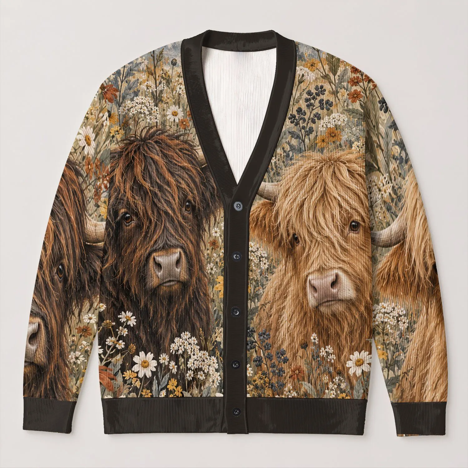 Highland Cow Floral Meadow Charm for Weekend Outings and Countryside Living Lovers All-over Print Knitted Cardigan - 1