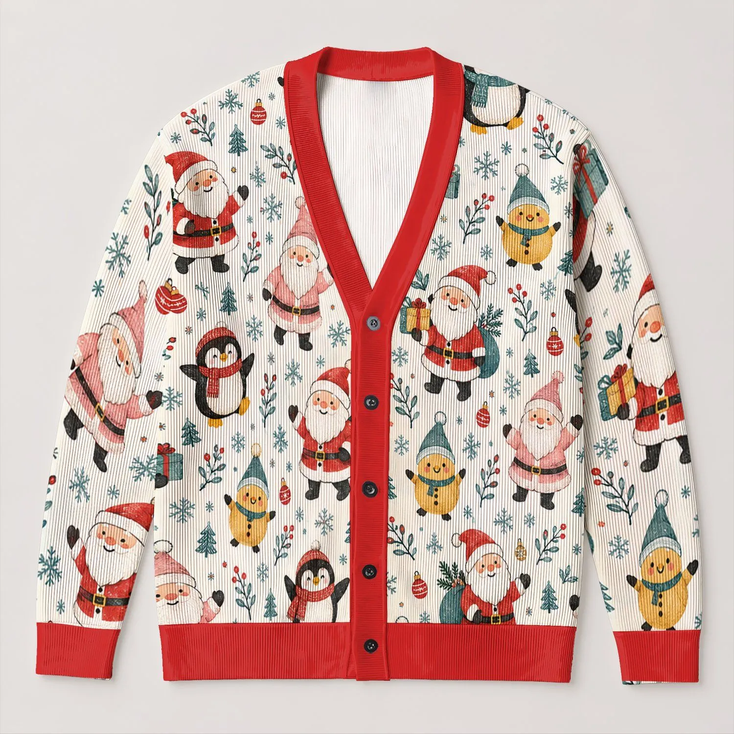 Santa Penguins And Cozy Winter Friends For Festive Holiday Casual Layering For Women All-over Print Knitted Cardigan - 1