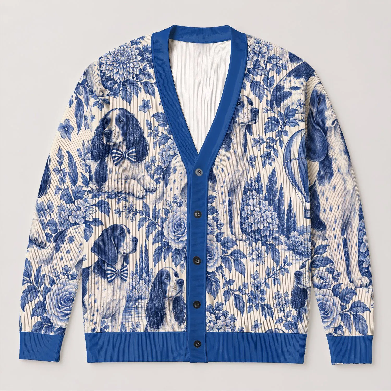 Blue Dog And Hot Air Balloon Garden Scene For Everyday Layering Women's Style All-over Print Knitted Cardigan - 1