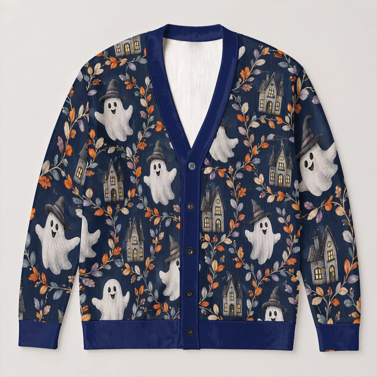 Ghosts and Haunted Houses for Halloween Layering, Women's Cozy Autumn Style Wear All-over Print Knitted Cardigan - 1