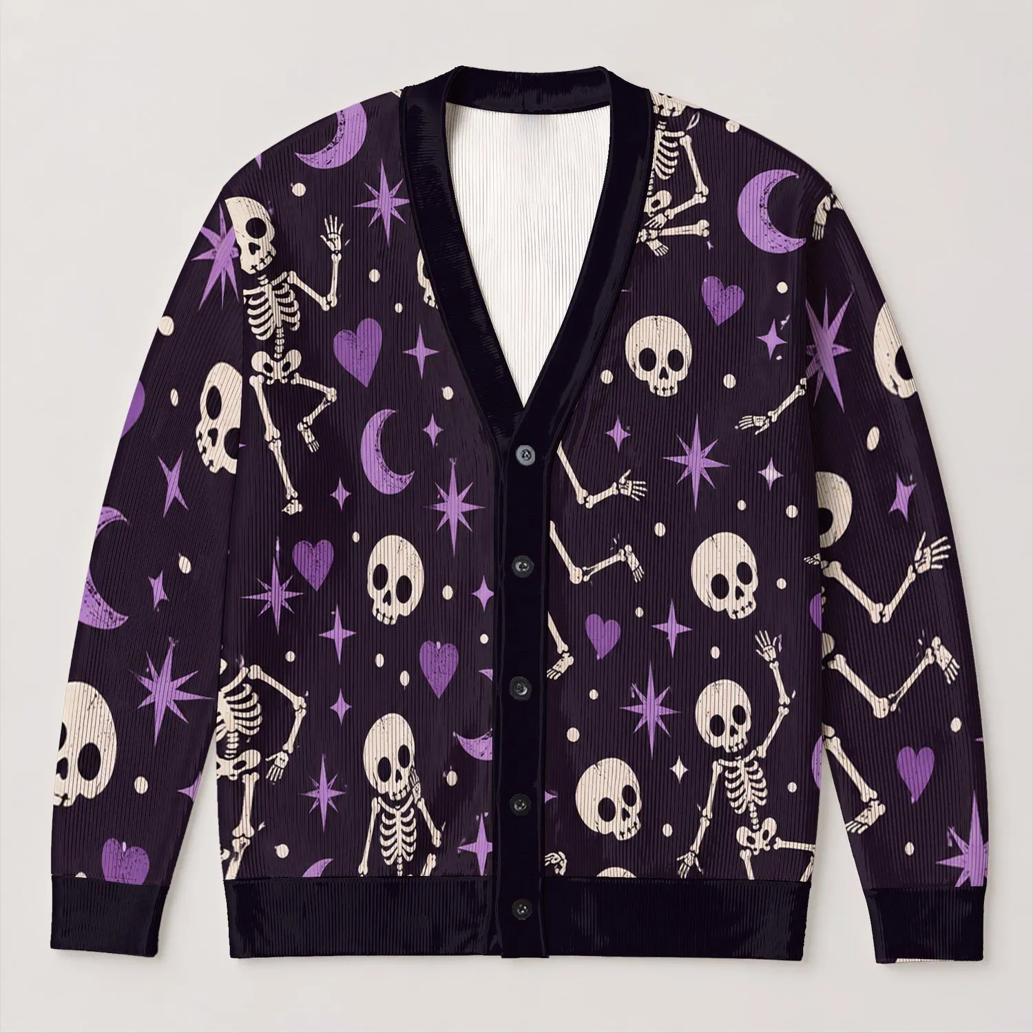 Gothic Skeleton Hearts and Moons for Halloween Nights and Casual Autumn Style for Women All-over Print Knitted Cardigan - 1