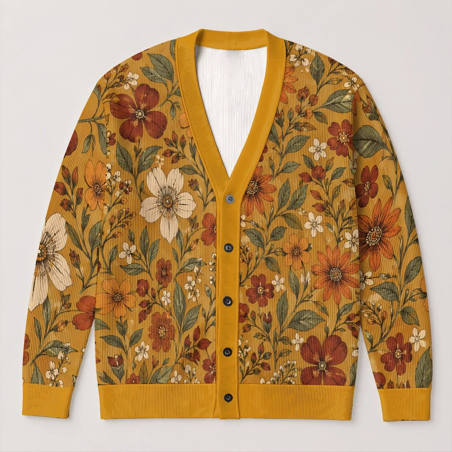 Autumn Wildflower Florals in Ochre and Rust for Cozy Everyday Layering and Gifting All-over Print Knitted Cardigan - 1
