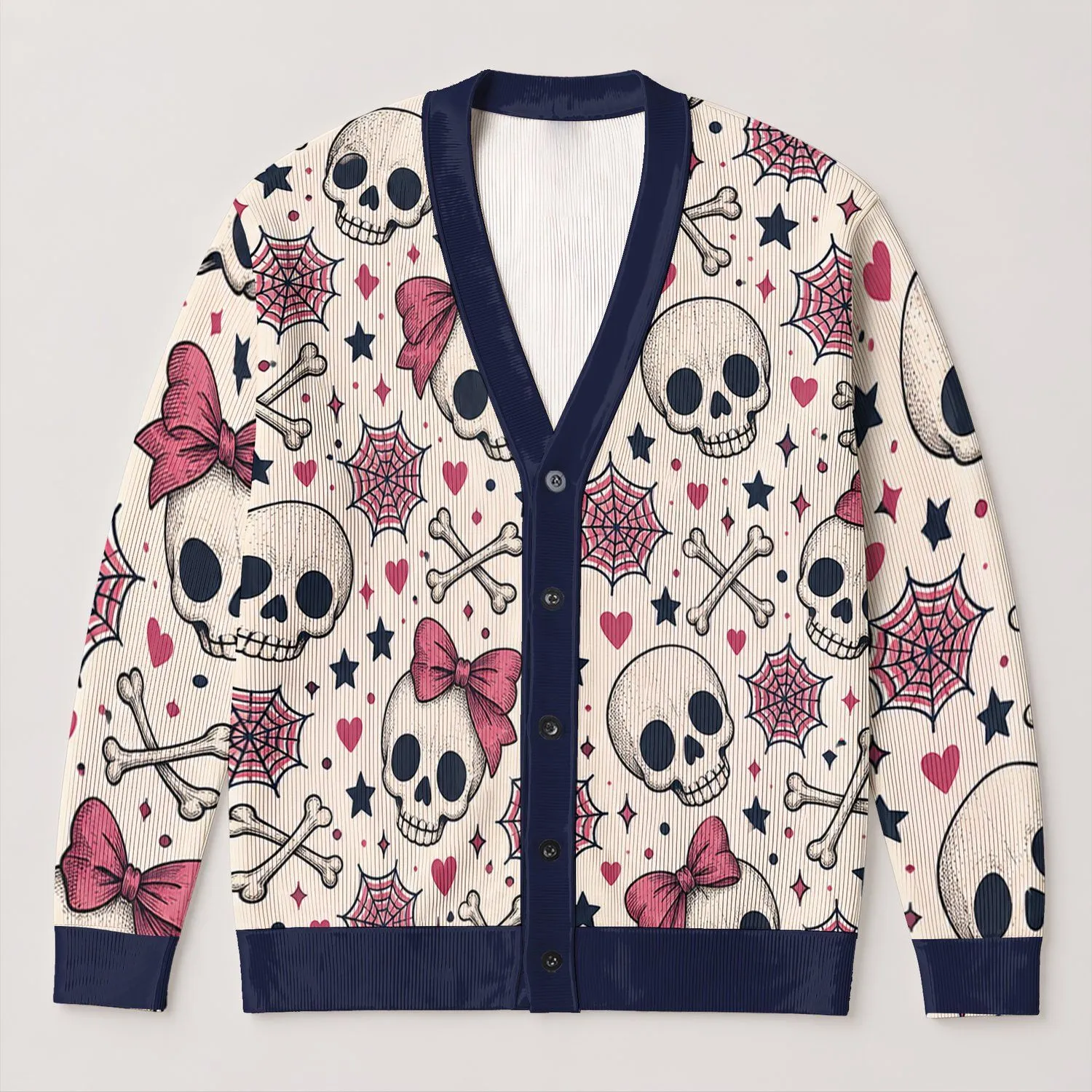 Pink Bow Skull Spiderweb Halloween Style for Cute Playful Everyday Autumn Layering Women All-over Print Knitted Cardigan - 1