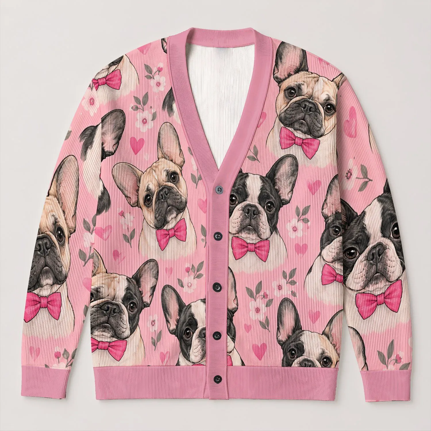 French Bulldog Bow Faces for Everyday Layering and Casual Spring Style for Women All-over Print Knitted Cardigan - 1