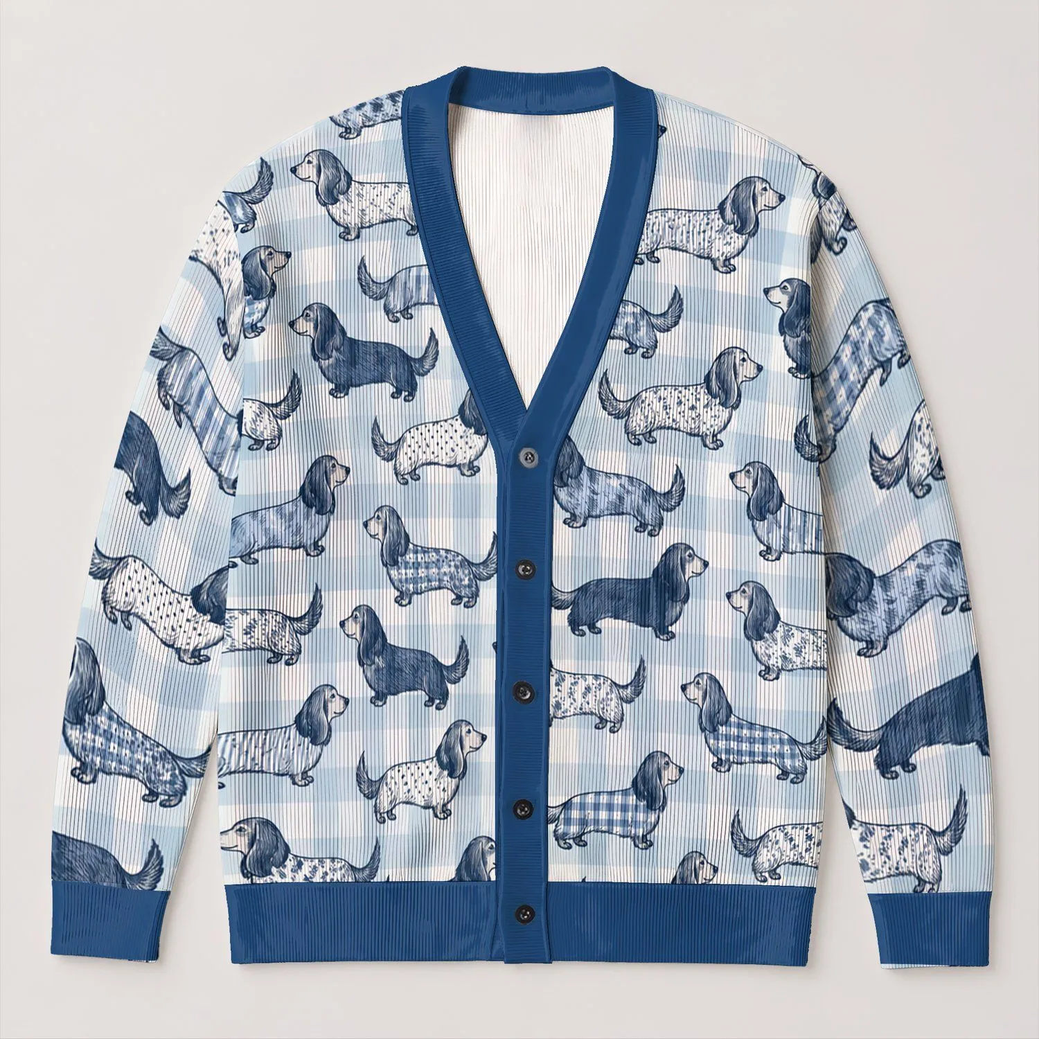 Blue Dachshund Checks For Cozy Autumn Walks And Everyday Casual Style For Dog Lovers All-over Print Knitted Cardigan - 1