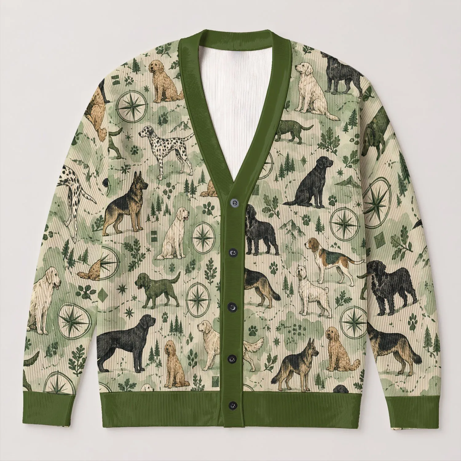 Green And Black Dog Lover Style For Casual Spring Layering And Everyday Outdoor Wear All-over Print Knitted Cardigan - 1