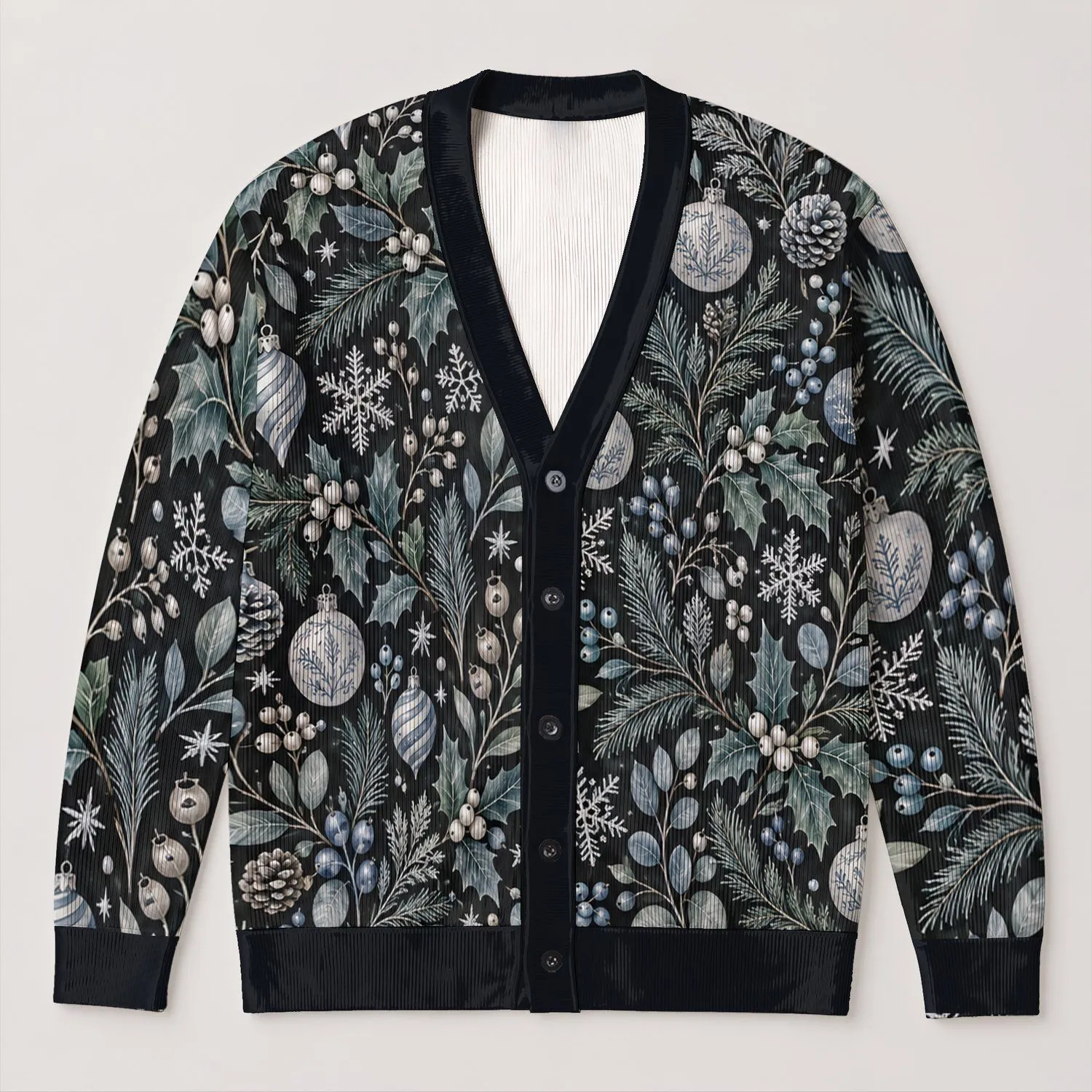 Winter Holly Pine Botanical Motifs for Cozy Holiday Layering and Cold-Weather Style All-over Print Knitted Cardigan - 1