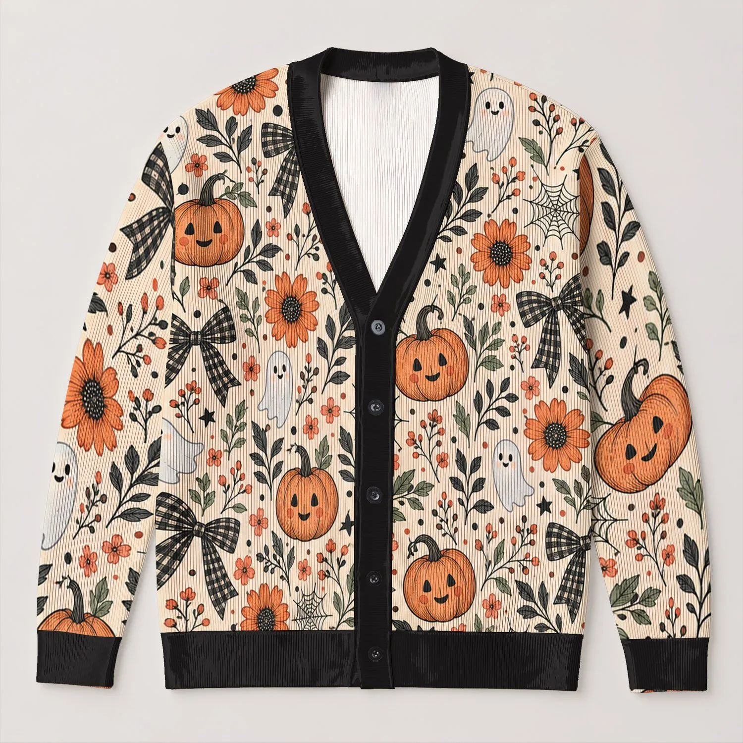 Autumn Pumpkin Floral Bows for Cozy Halloween Layering Women, Fall Party and Gifting All-over Print Knitted Cardigan - 1