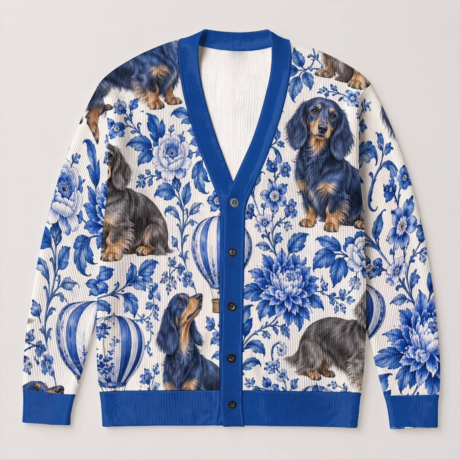 Blue Dachshund Hot Air Balloon Flowers for Cozy Dog Lover Gifts, Casual Days And Outings All-over Print Knitted Cardigan - 1