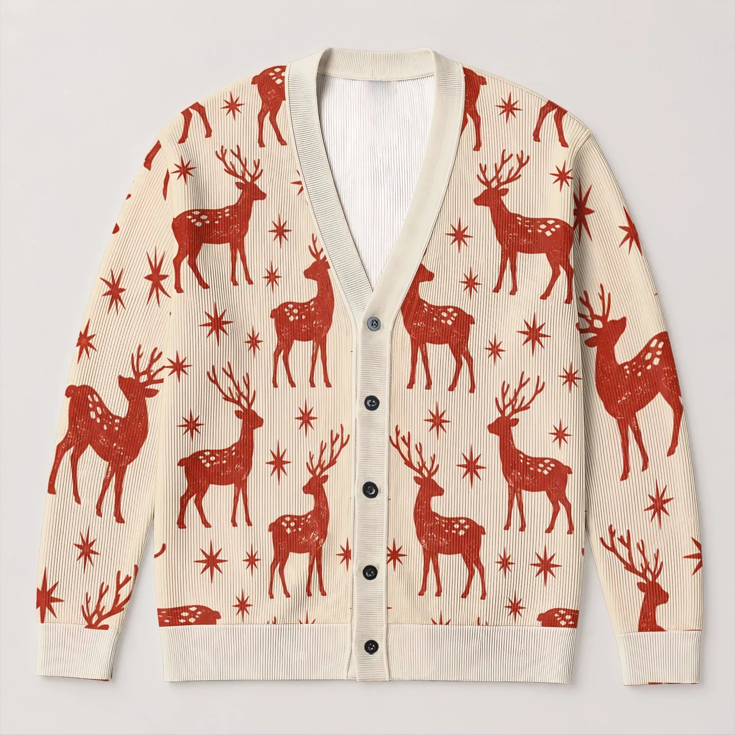Red Reindeer and Starburst Holiday Motif for Cozy Winter Layering, Women's Festive Style All-over Print Knitted Cardigan - 1