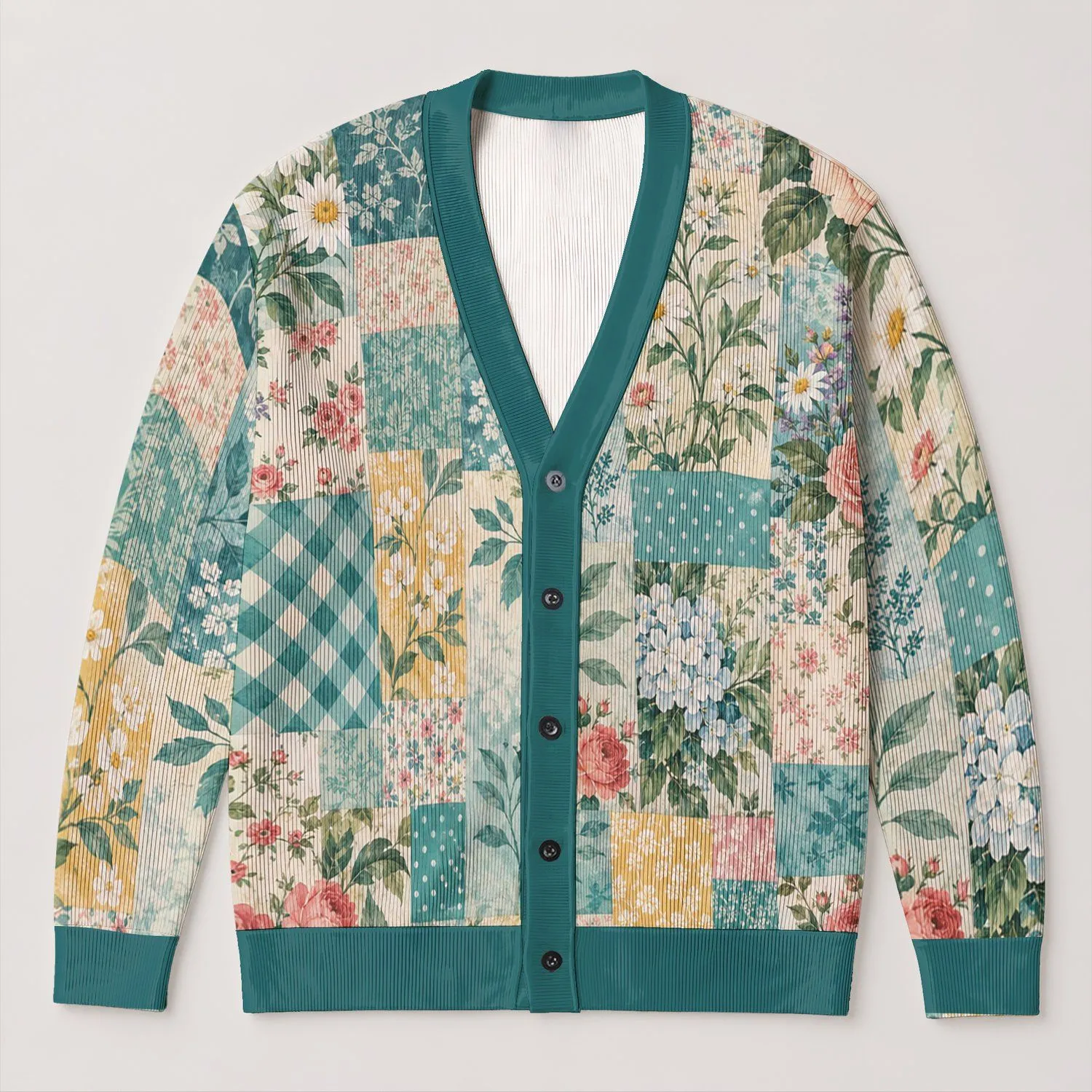 Teal Floral Patchwork Blooms For Spring Layering And Everyday Garden Style Women All-over Print Knitted Cardigan - 1