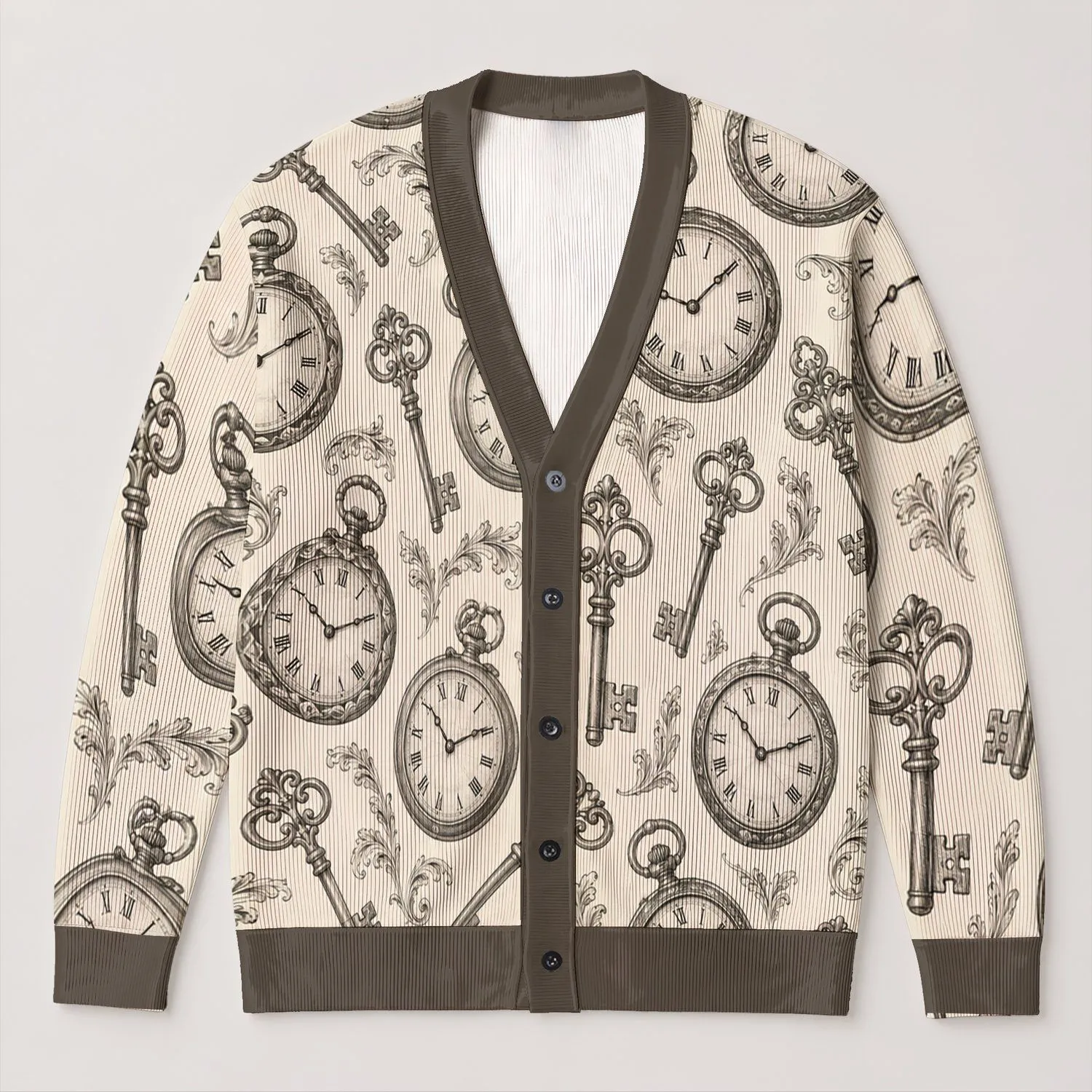 Vintage Pocket Watches And Ornate Keys For Everyday Layering, Women’s Classic Style All-over Print Knitted Cardigan - 1