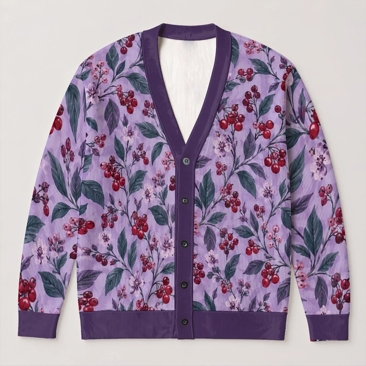 Lavender Berry Floral Botanicals for Cozy Fall Layering and Everyday Women’s Style All-over Print Knitted Cardigan - 1