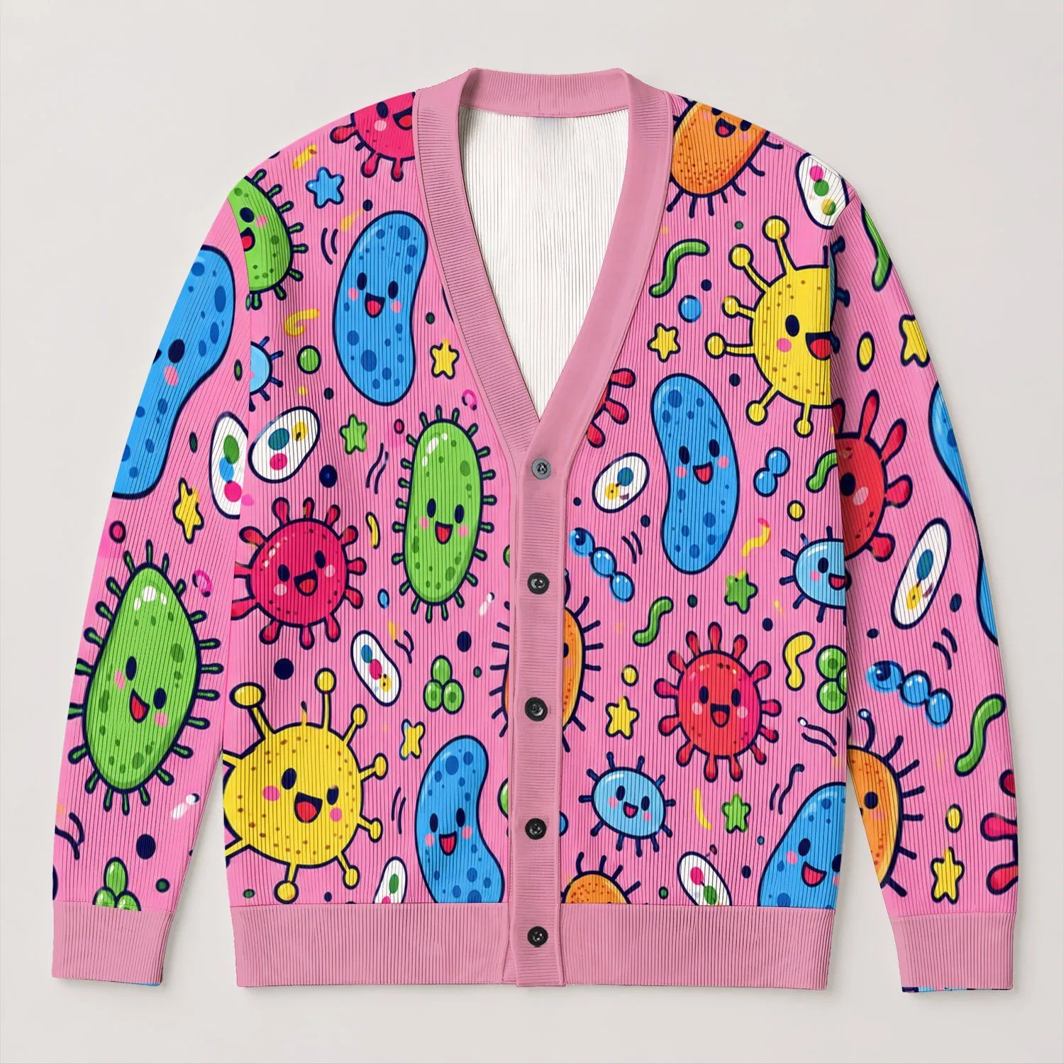 Colorful Cartoon Bacteria Motifs For Playful Casual Layering And Cozy Weekend Outings All-over Print Knitted Cardigan - 1