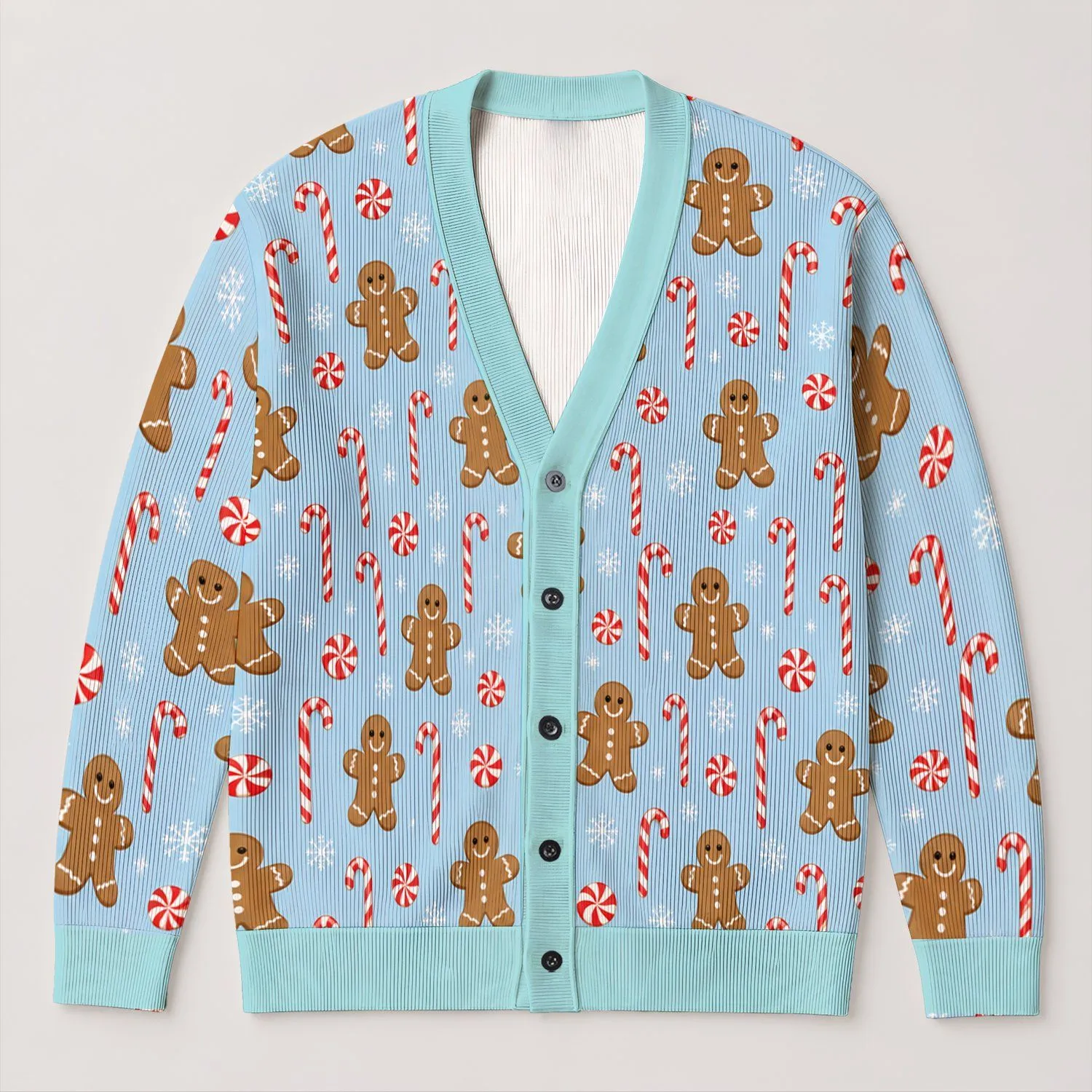 Light Blue Gingerbread Men and Candy Canes for Cozy Christmas Gatherings and Holiday Cheer All-over Print Knitted Cardigan - 1