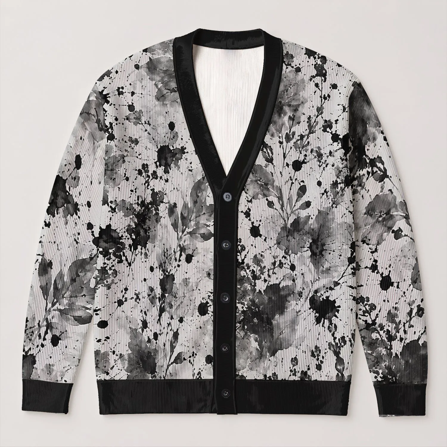 Monochrome Ink Splatter Watercolor Washes For Casual Fall Layering And Everyday Style All-over Print Knitted Cardigan - 1