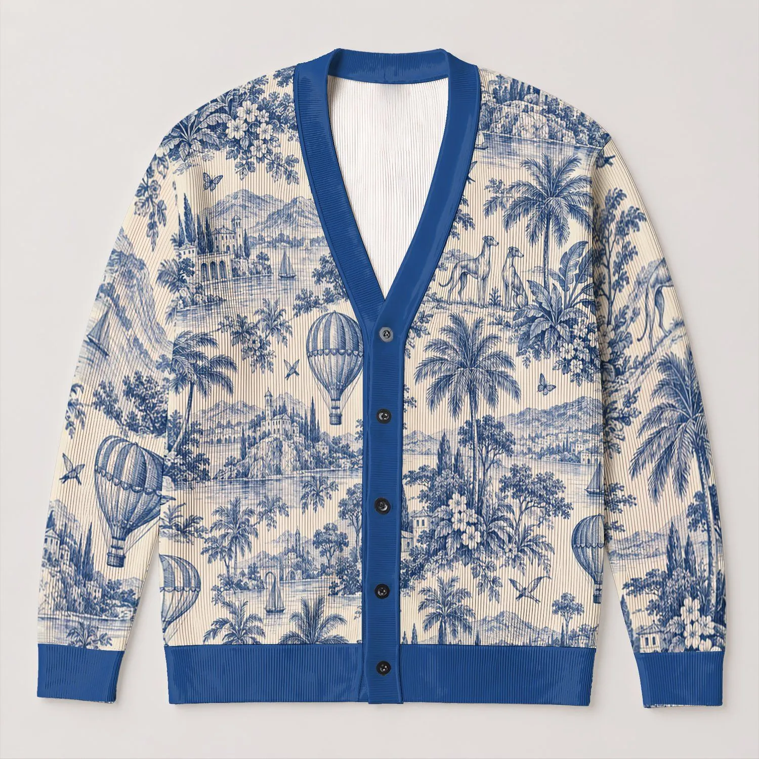 Blue White Scenic Balloon Tropical Landscape Style for Travel and Everyday Wear Gift All-over Print Knitted Cardigan - 1