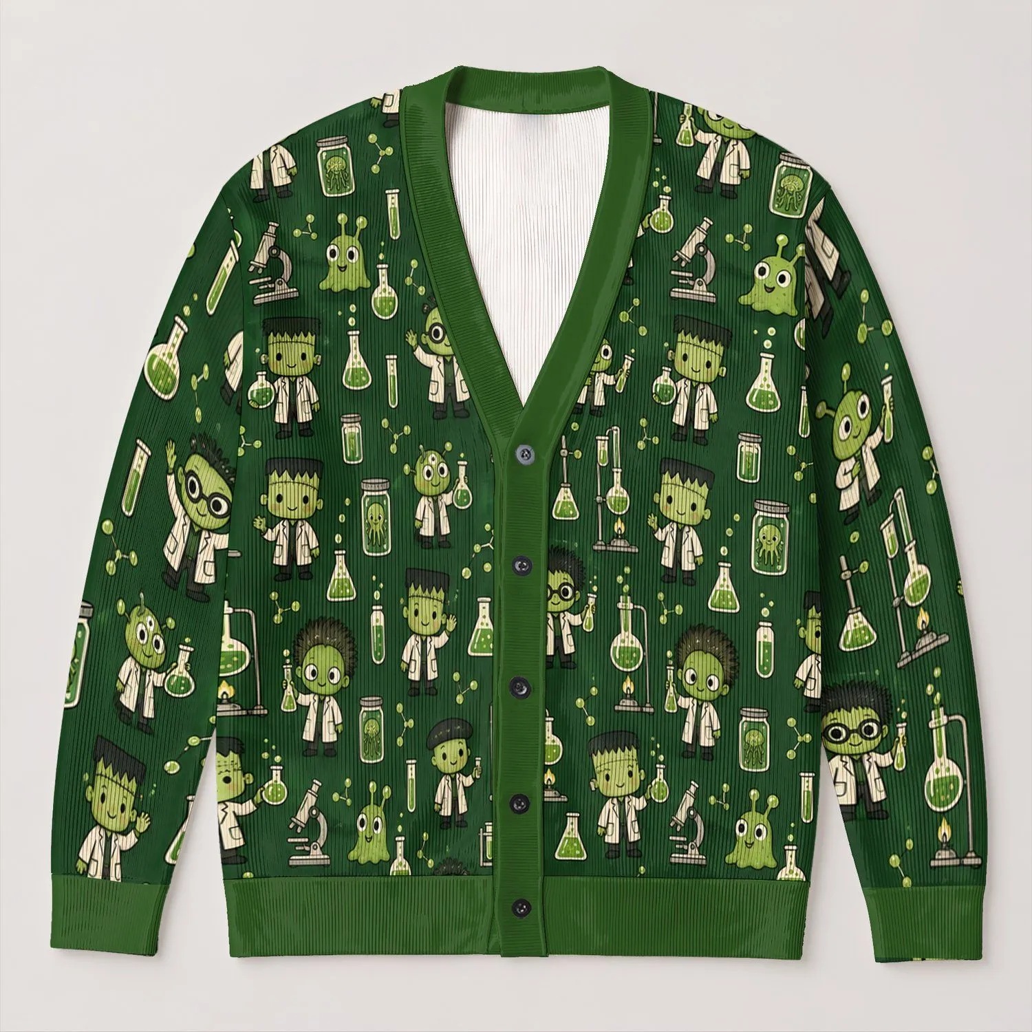 Whimsical Green Lab Monsters for Cozy Fall Outings, Cute Science-Lover Everyday Style All-over Print Knitted Cardigan - 1