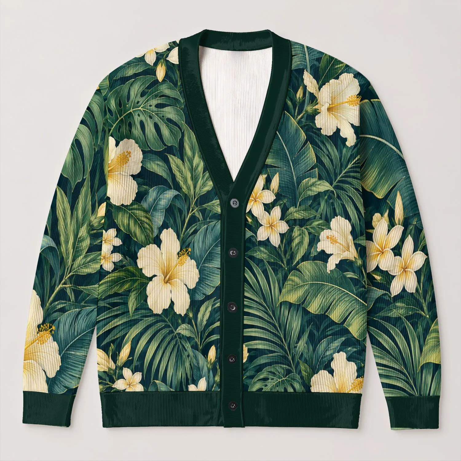 Tropical Hibiscus Floral Jungle Leaves for Resort Travel and Everyday Layering Women All-over Print Knitted Cardigan - 1