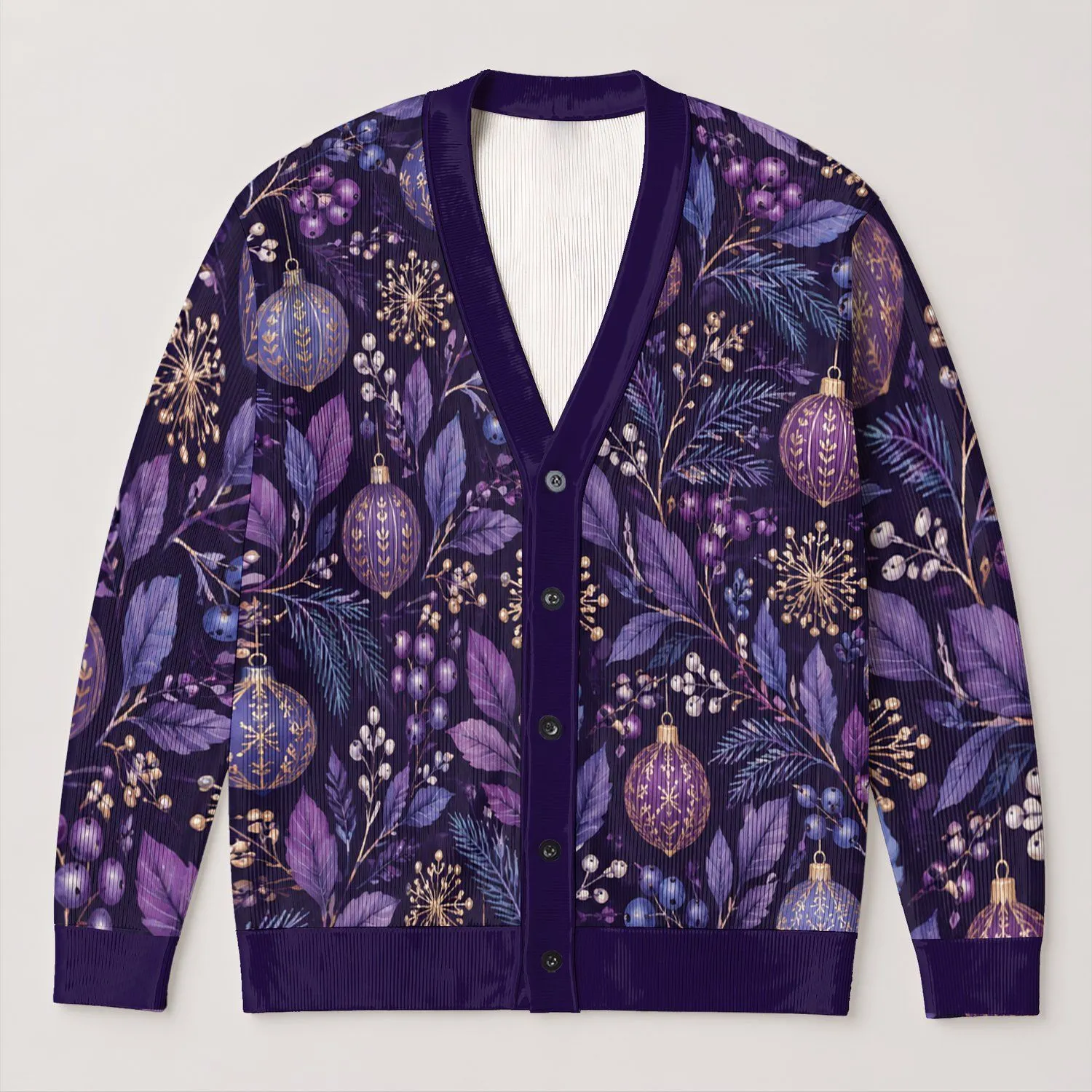 Purple Botanical Ornaments for Cozy Autumn Layering and Holiday Gatherings for Women All-over Print Knitted Cardigan - 1