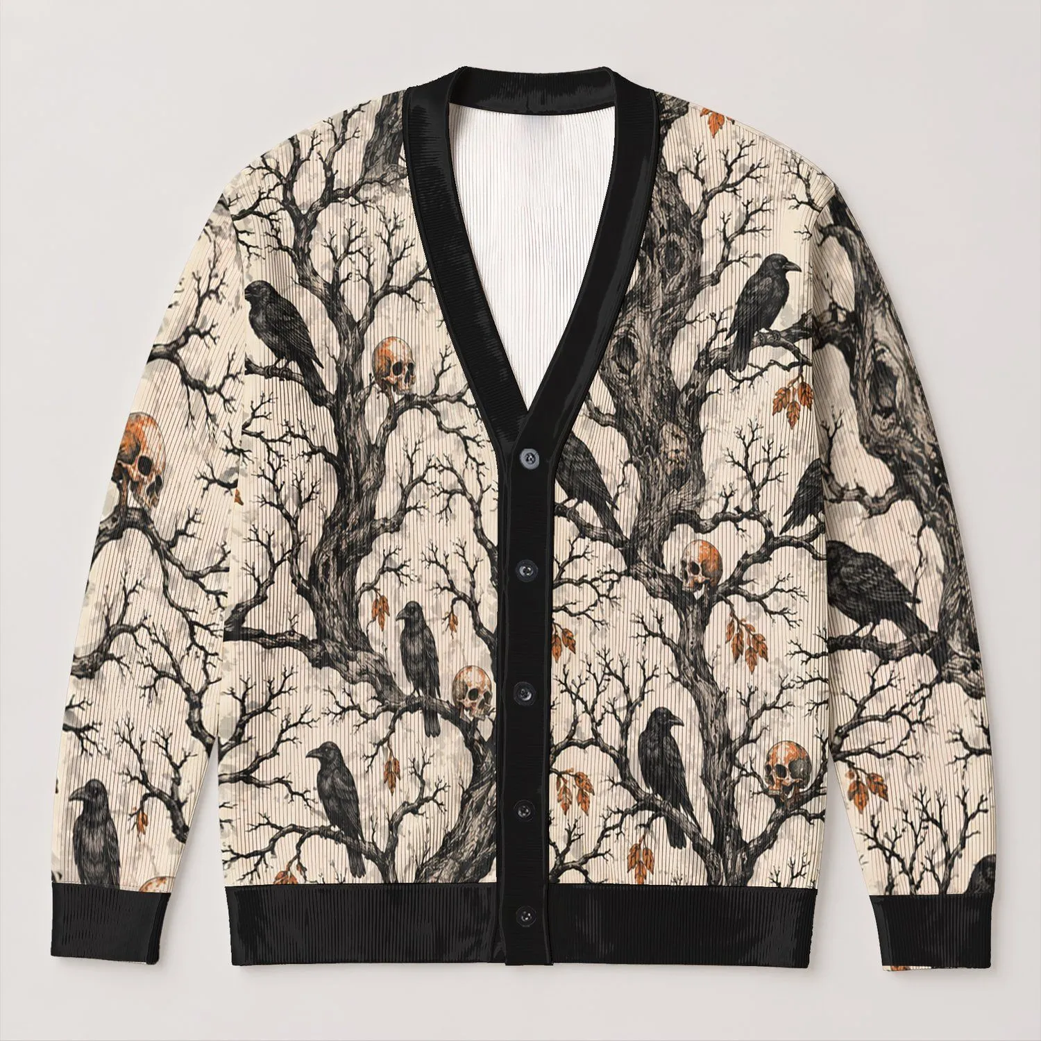 Ravens, Gnarled Trees and Autumn Skulls for Halloween Gatherings and Casual Layering All-over Print Knitted Cardigan - 1