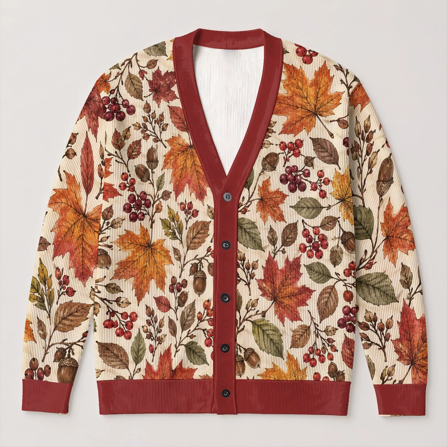 Autumn Maple Leaves And Berries For Cozy Layering Women's Seasonal Wardrobe Style All-over Print Knitted Cardigan - 1