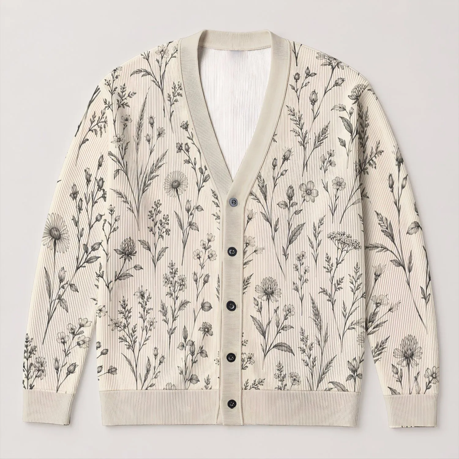 Delicate Botanical Wildflower Sprigs for Relaxed Autumn Layering, Elegant Women’s Style All-over Print Knitted Cardigan - 1