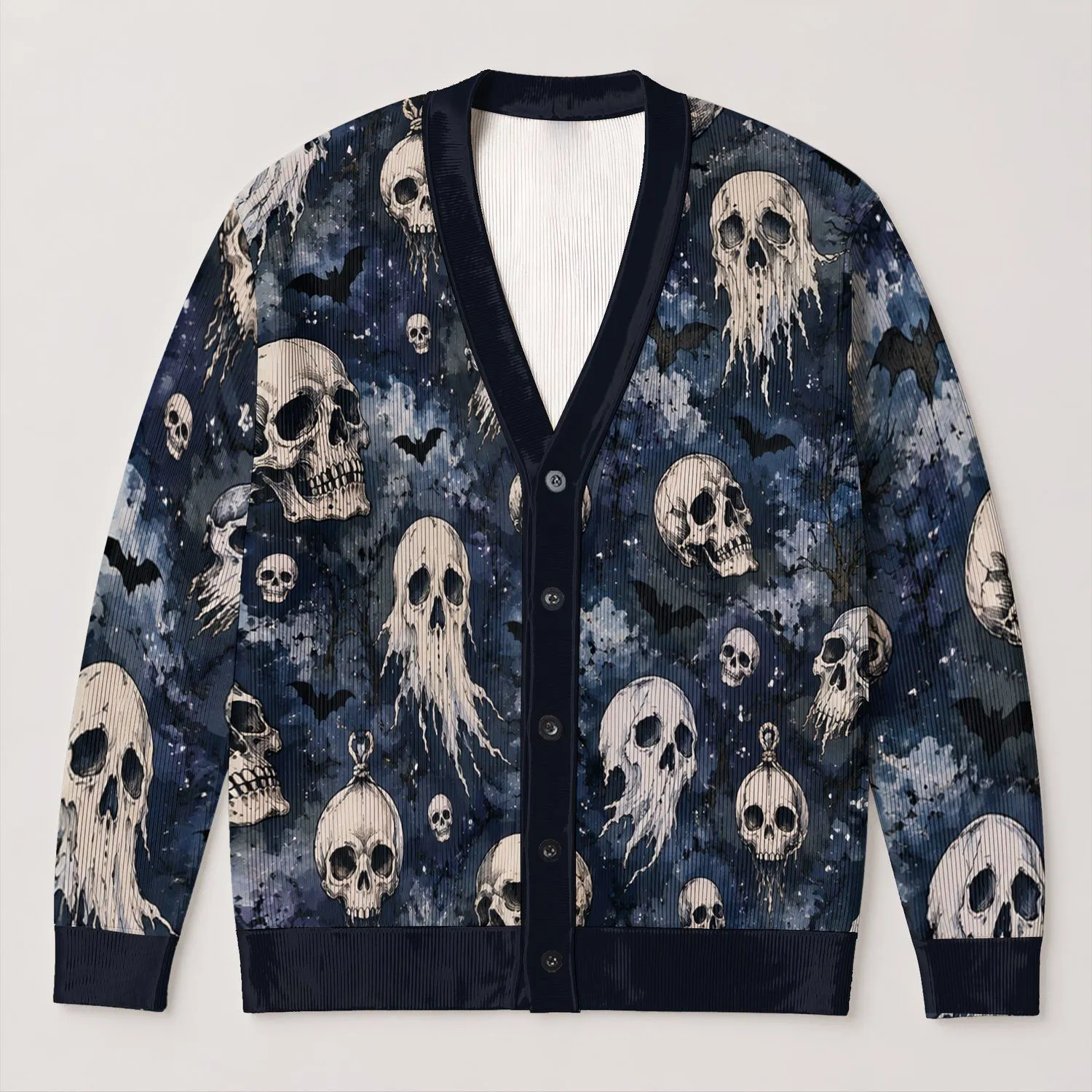 Spooky Skull Ghosts And Bats For Halloween Nights And Autumn Layering For Women All-over Print Knitted Cardigan - 1