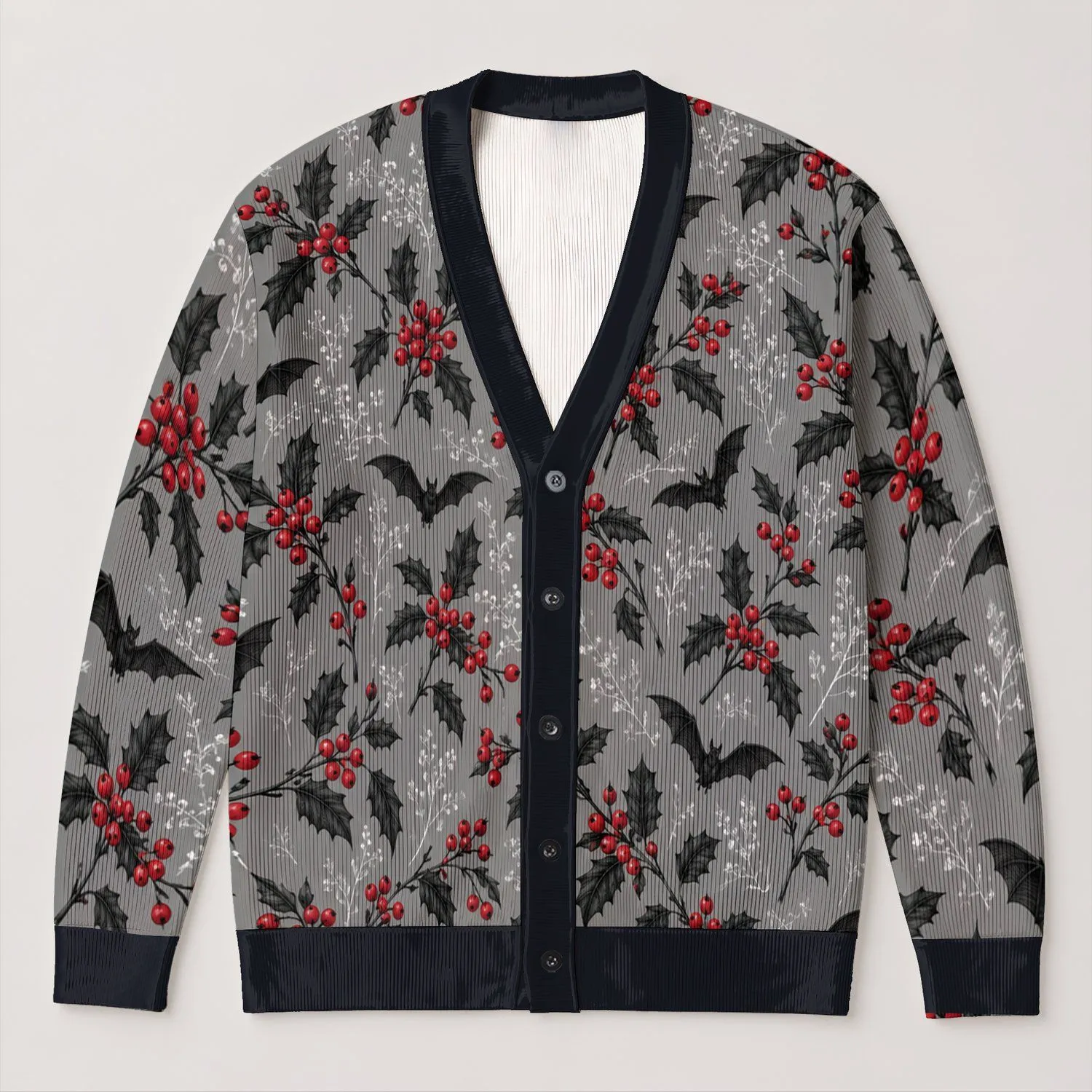 Red Holly Berries And Black Bat Motif For Cozy Fall Layering, Women's Gothic Style All-over Print Knitted Cardigan - 1
