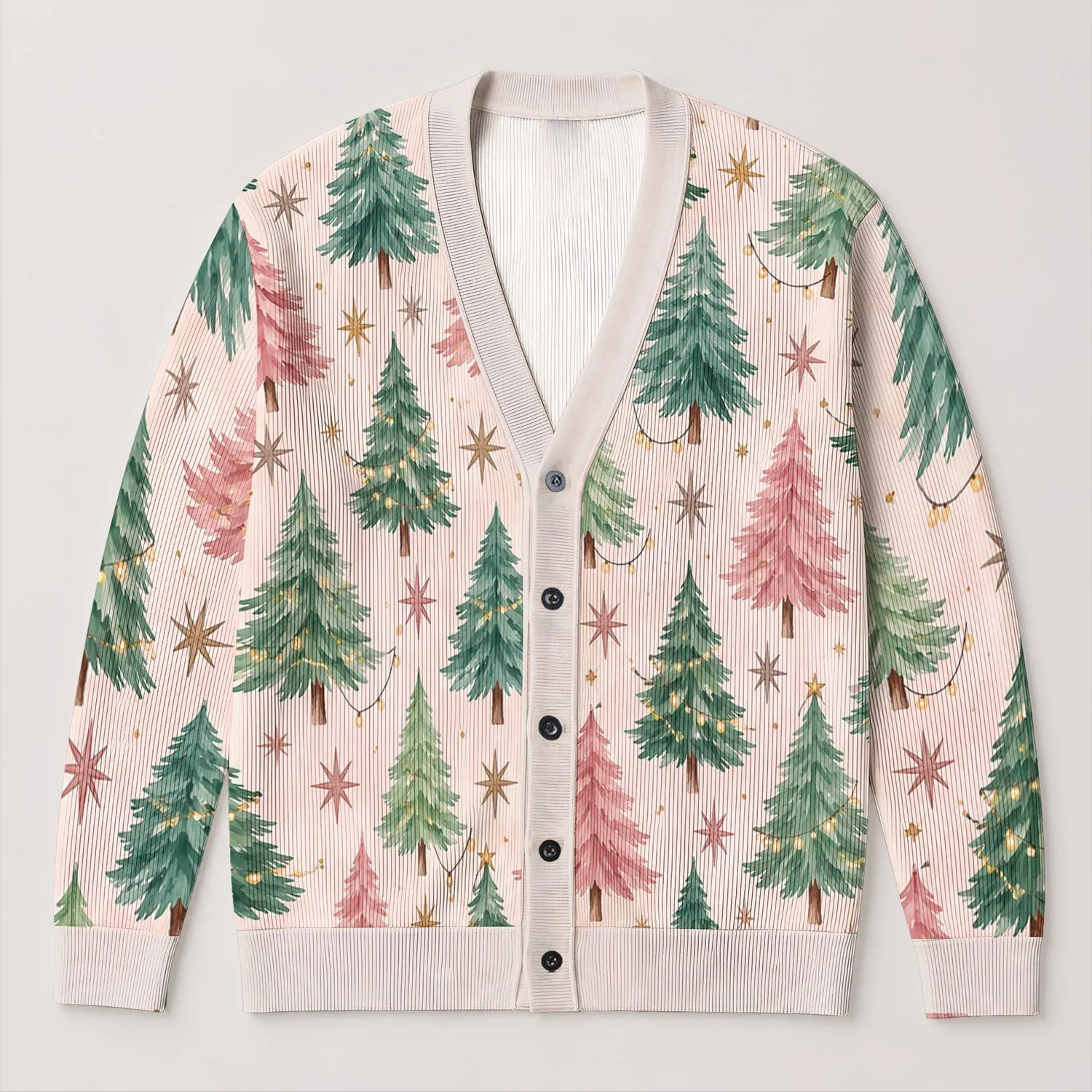 Pastel Christmas Tree Holiday Motif for Cozy Casual Layering and Festive Outings All-over Print Knitted Cardigan - 1