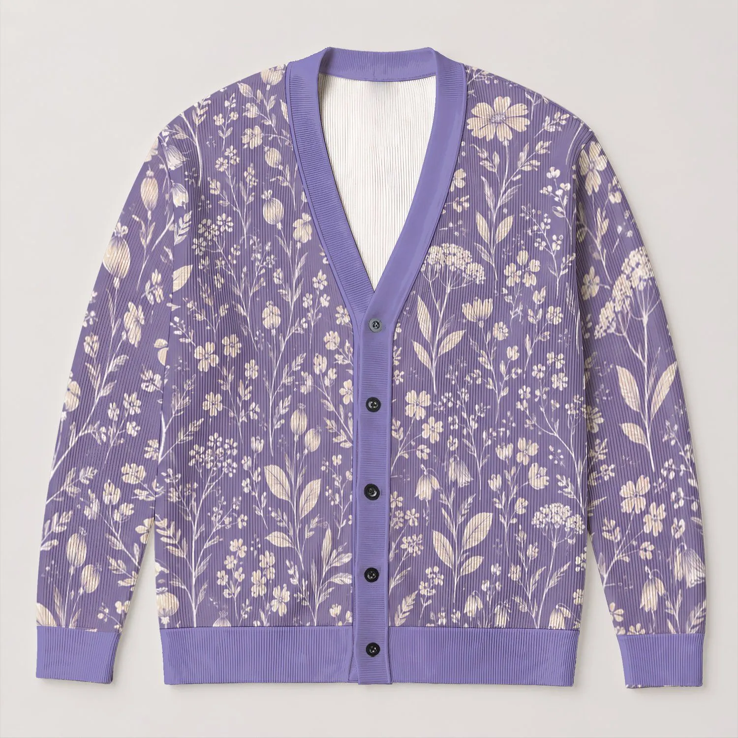 Lavender Wildflower Sprigs for Relaxed Everyday Layering and Autumn Weekend Style All-over Print Knitted Cardigan - 1