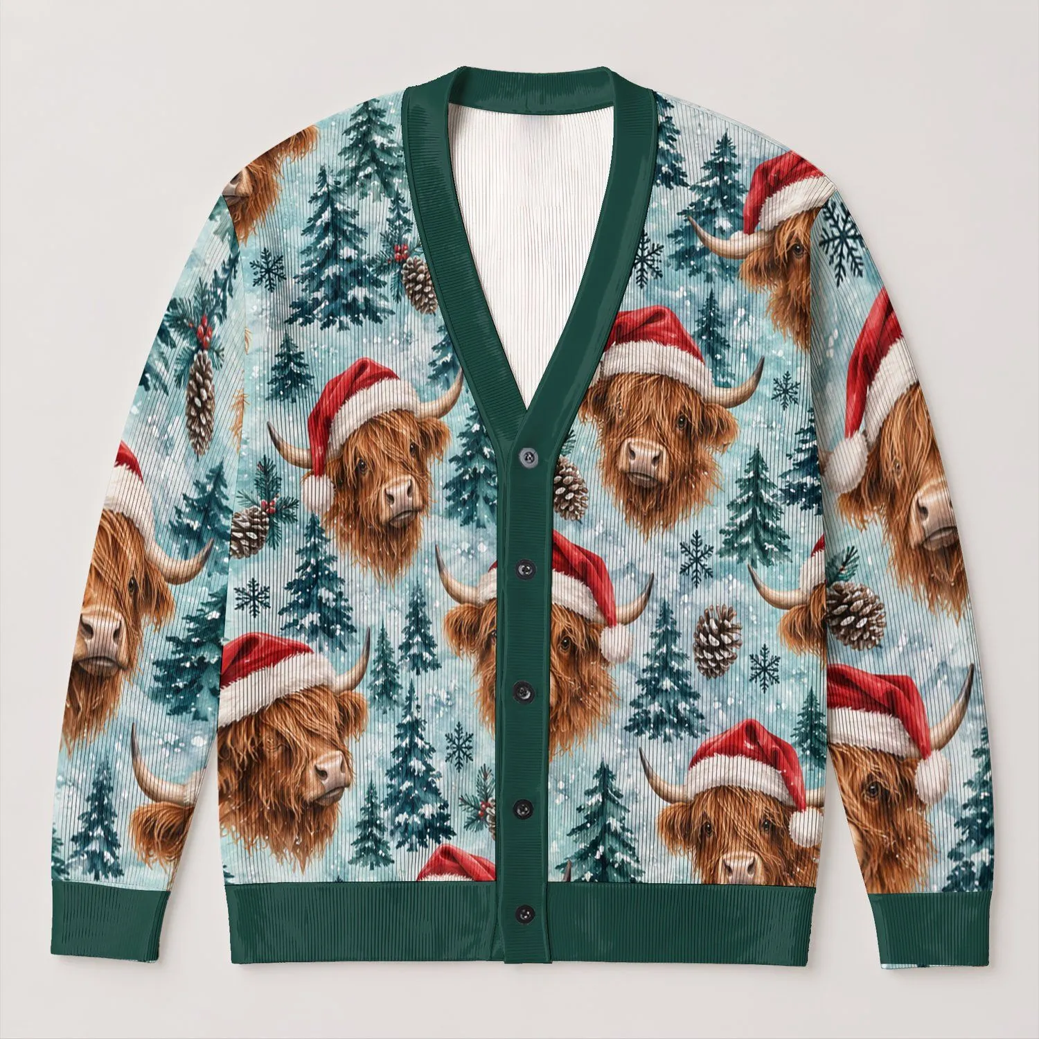 Highland Cow Santa Hat Holiday Woodland Scene For Cozy Winter Layering For Women All-over Print Knitted Cardigan - 1