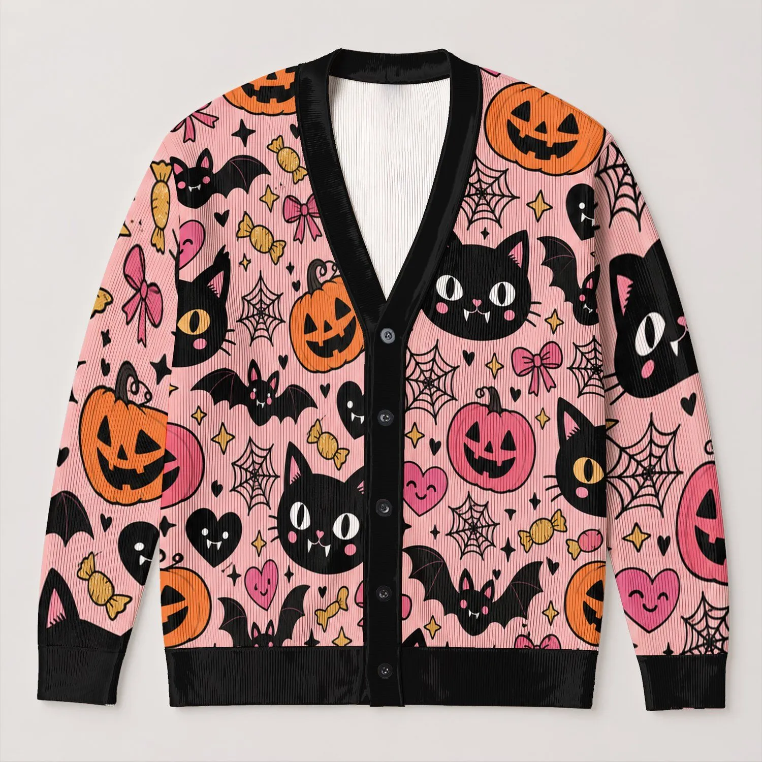 Cute Gothic Cats, Bats And Pumpkins For Halloween Parties, Casual Layering, Women All-over Print Knitted Cardigan - 1