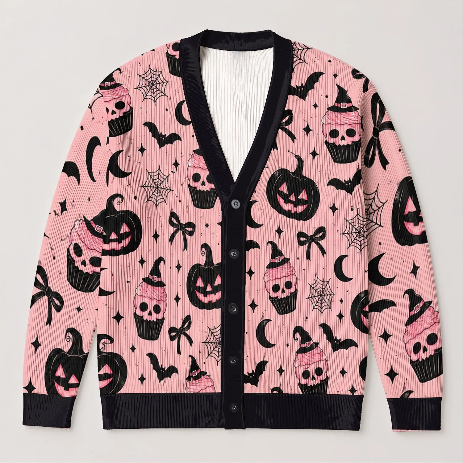 Pink Halloween Bats And Skull Cupcakes For Spooky Fall Parties, Women's Plus Size All-over Print Knitted Cardigan - 1