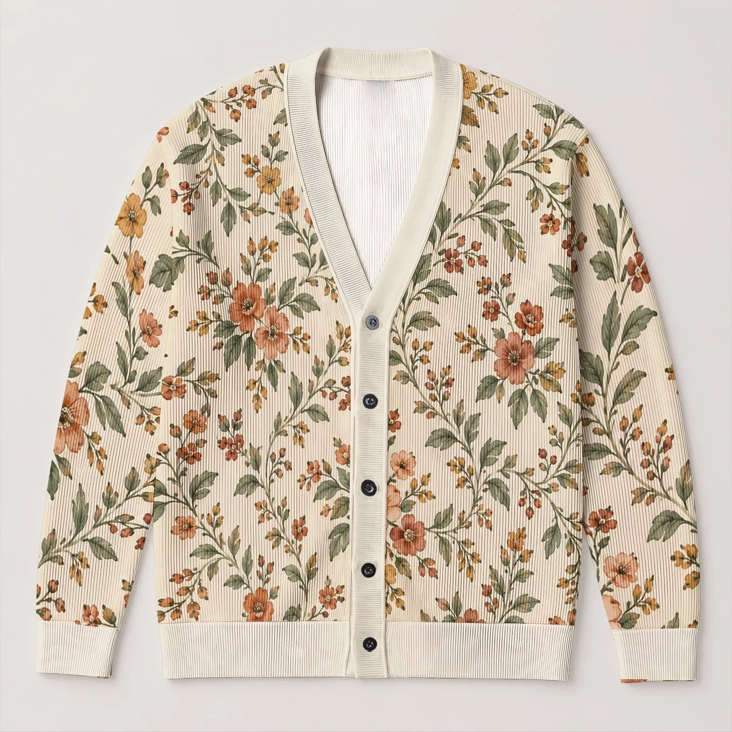 Vintage Ivory Floral Vine Motif for Cozy Spring Layering and Relaxed Everyday Style All-over Print Knitted Cardigan - 1