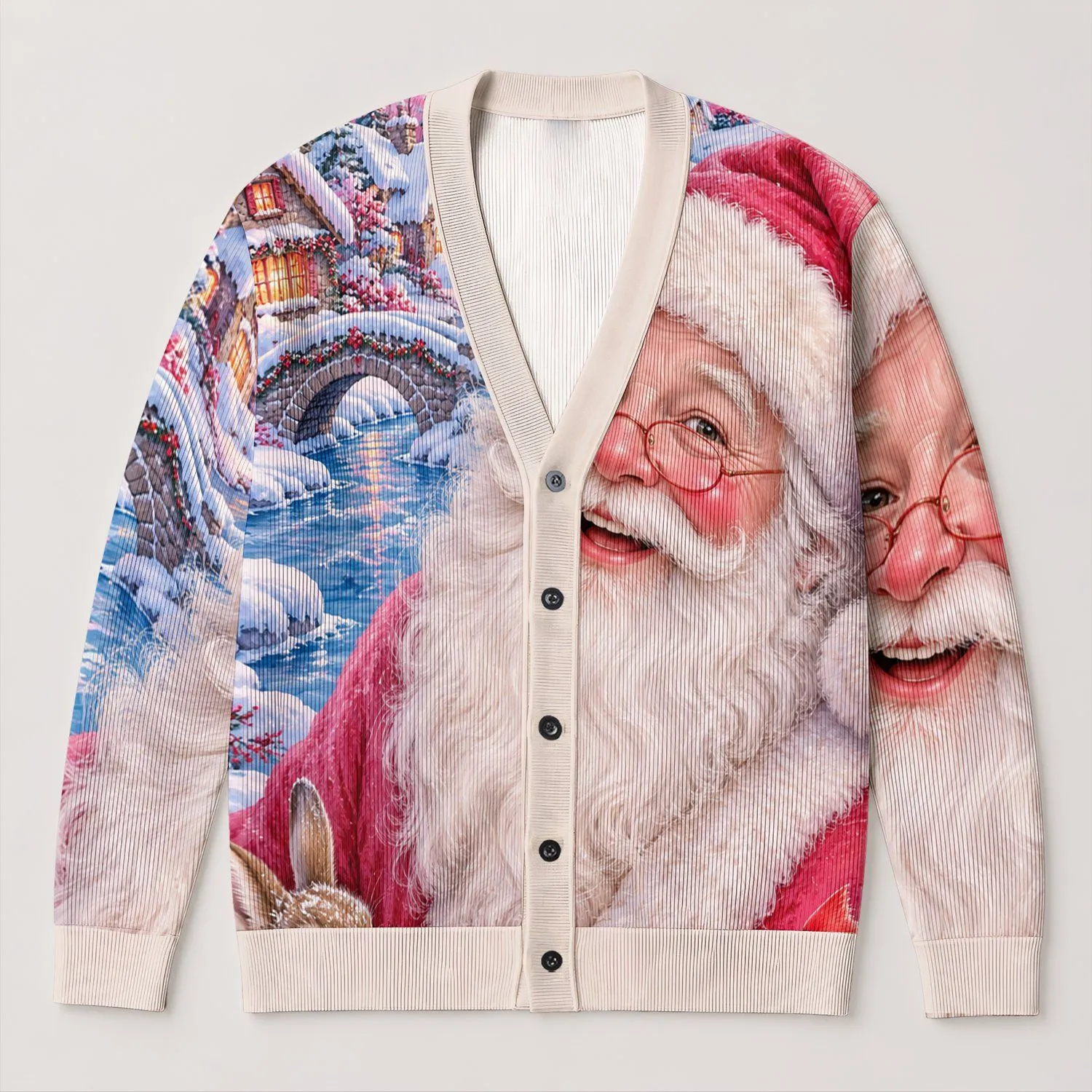 Santa Claus Holiday Portrait for Christmas Parties and Cozy Winter Celebrations Gift All-over Print Knitted Cardigan - 1