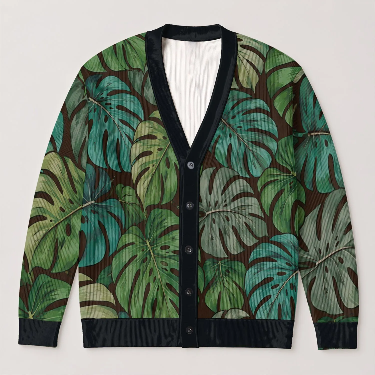 Tropical Monstera Leaf Vacation Style for Women, Relaxed Everyday Resort Layering All-over Print Knitted Cardigan - 1