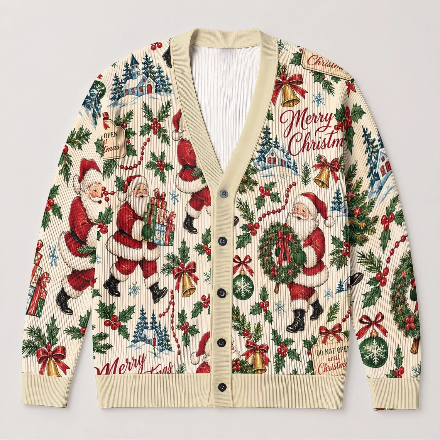 Vintage Santa Claus Christmas Holiday Scenes for Cozy Winter Layering and Parties All-over Print Knitted Cardigan - 1