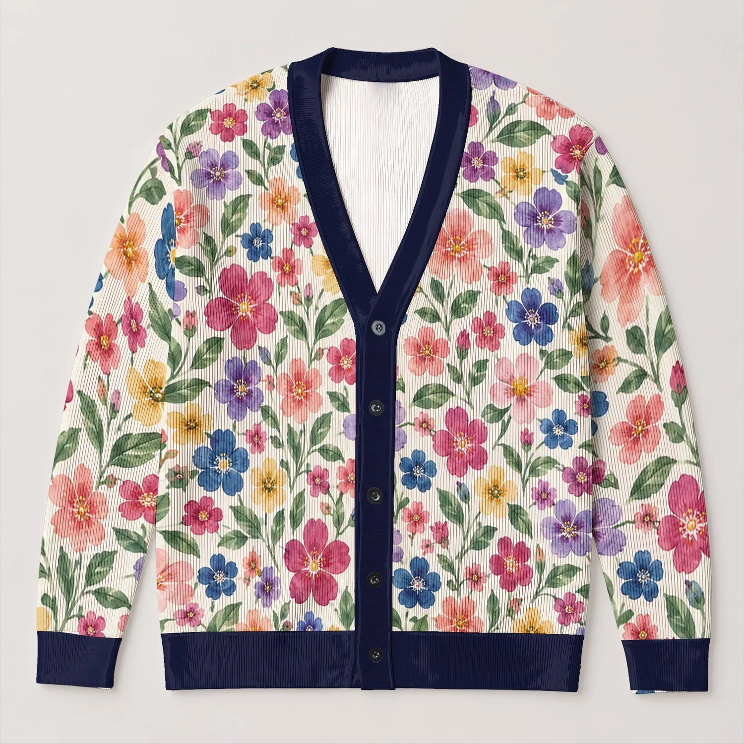 Watercolor Wildflower Bouquet in Bright Pastels for Everyday Spring Layering Women All-over Print Knitted Cardigan - 1