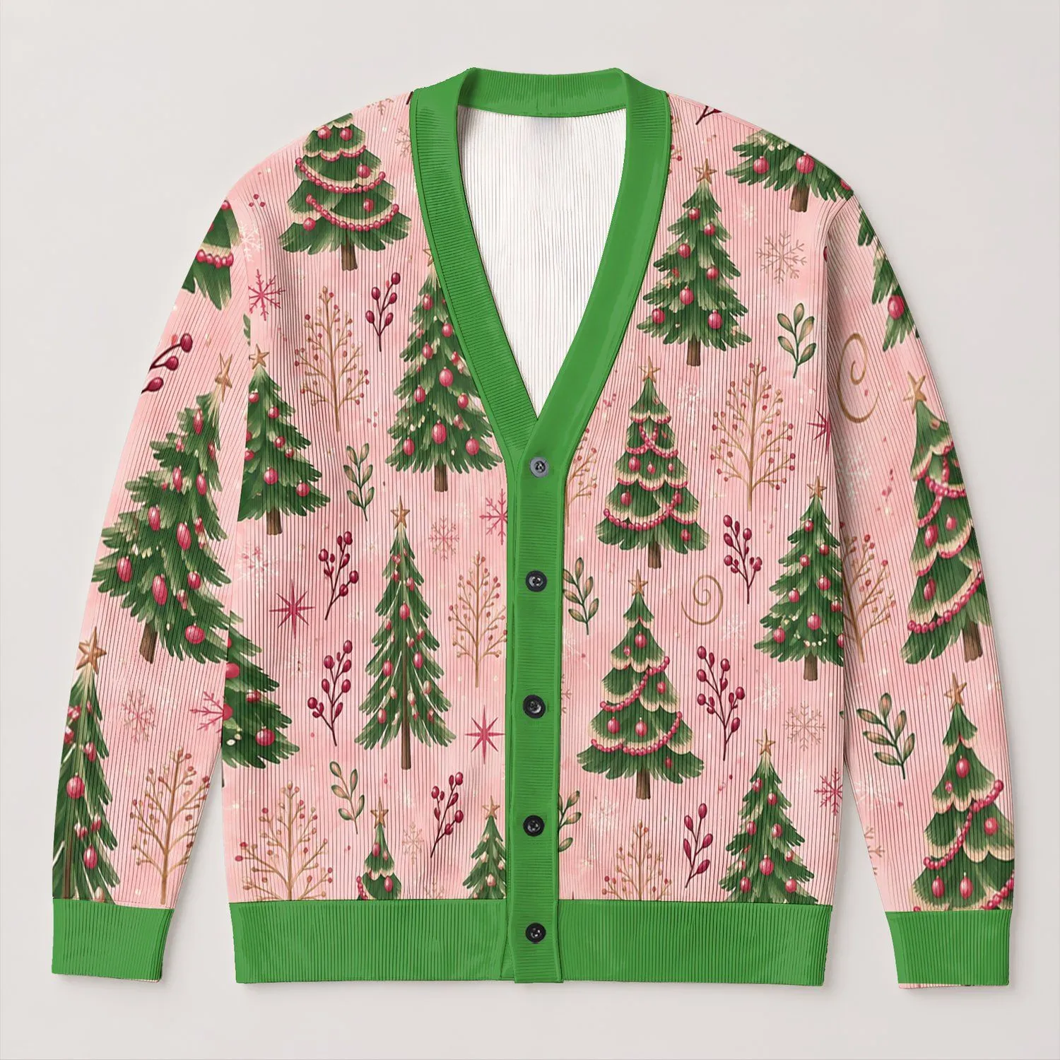 Pink Christmas Tree Motifs for Festive Holiday Gatherings and Cheerful Winter Layering All-over Print Knitted Cardigan - 1
