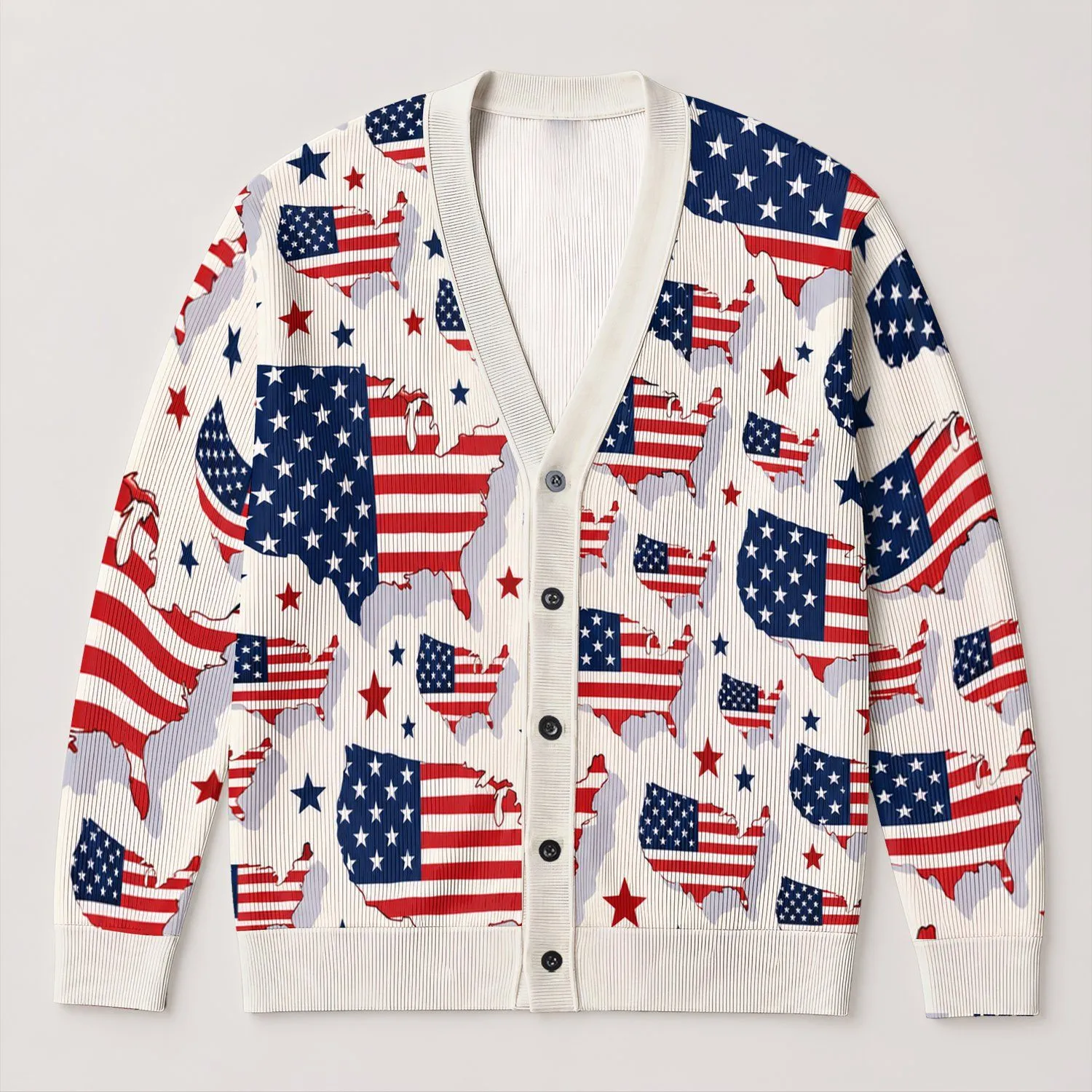 American Flag Map Motif for Independence Day Gatherings and Patriotic Everyday Wear All-over Print Knitted Cardigan - 1