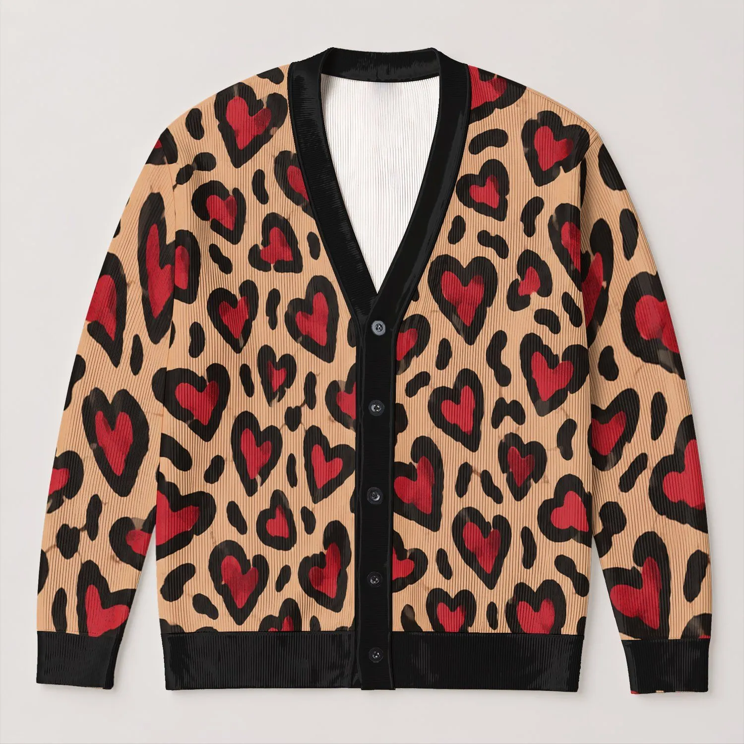 Red And Black Heart Leopard Motif For Romantic Everyday Layering And Gift Giving Style All-over Print Knitted Cardigan - 1