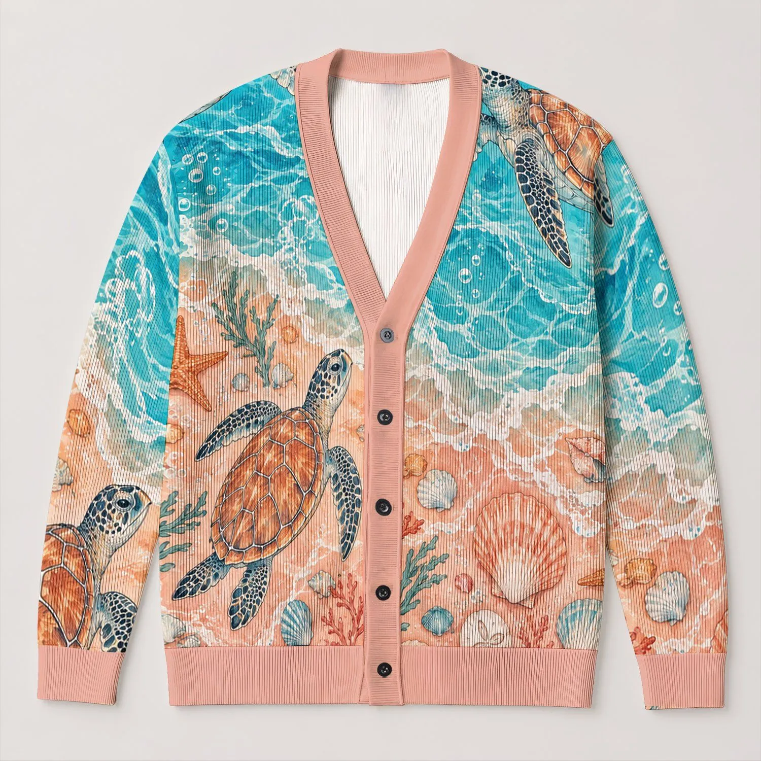 Sea Turtle Coastal Ocean Scene For Beach Holidays, Travel, And Relaxed Summer Layering All-over Print Knitted Cardigan - 1