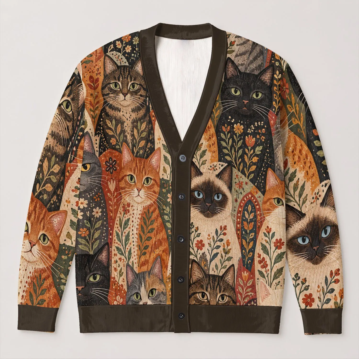 Colorful Patchwork Cat Faces for Cozy Travel Days and Creative Everyday Layering All-over Print Knitted Cardigan - 1