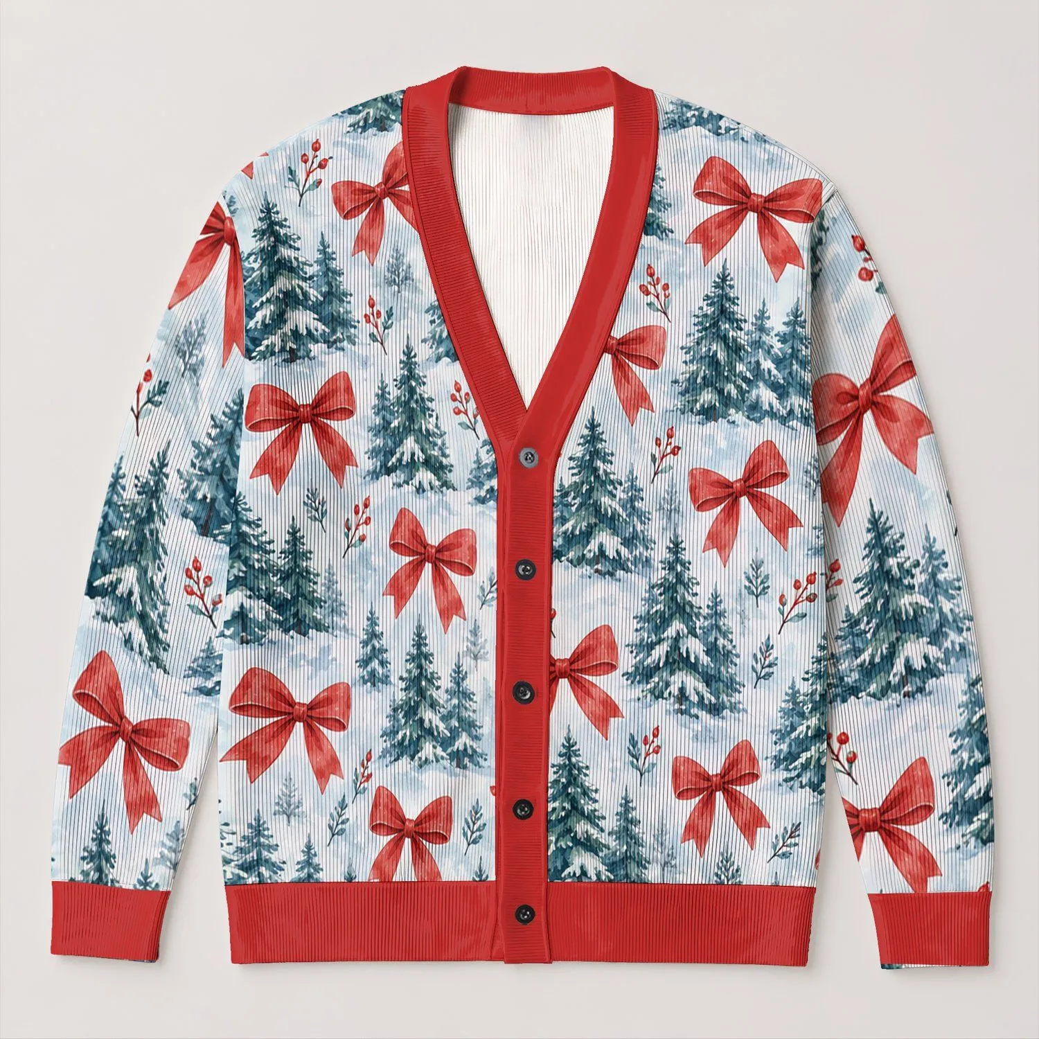 Red Bows And Evergreen Trees For Cozy Christmas Gatherings And Winter Outings For Women All-over Print Knitted Cardigan - 1