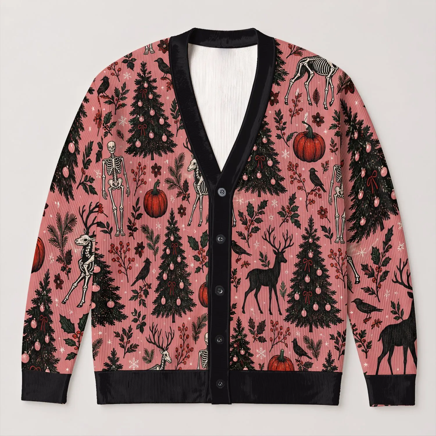 Pink Gothic Holiday Deer And Christmas Tree Motifs For Festive Everyday Layering For Women All-over Print Knitted Cardigan - 1